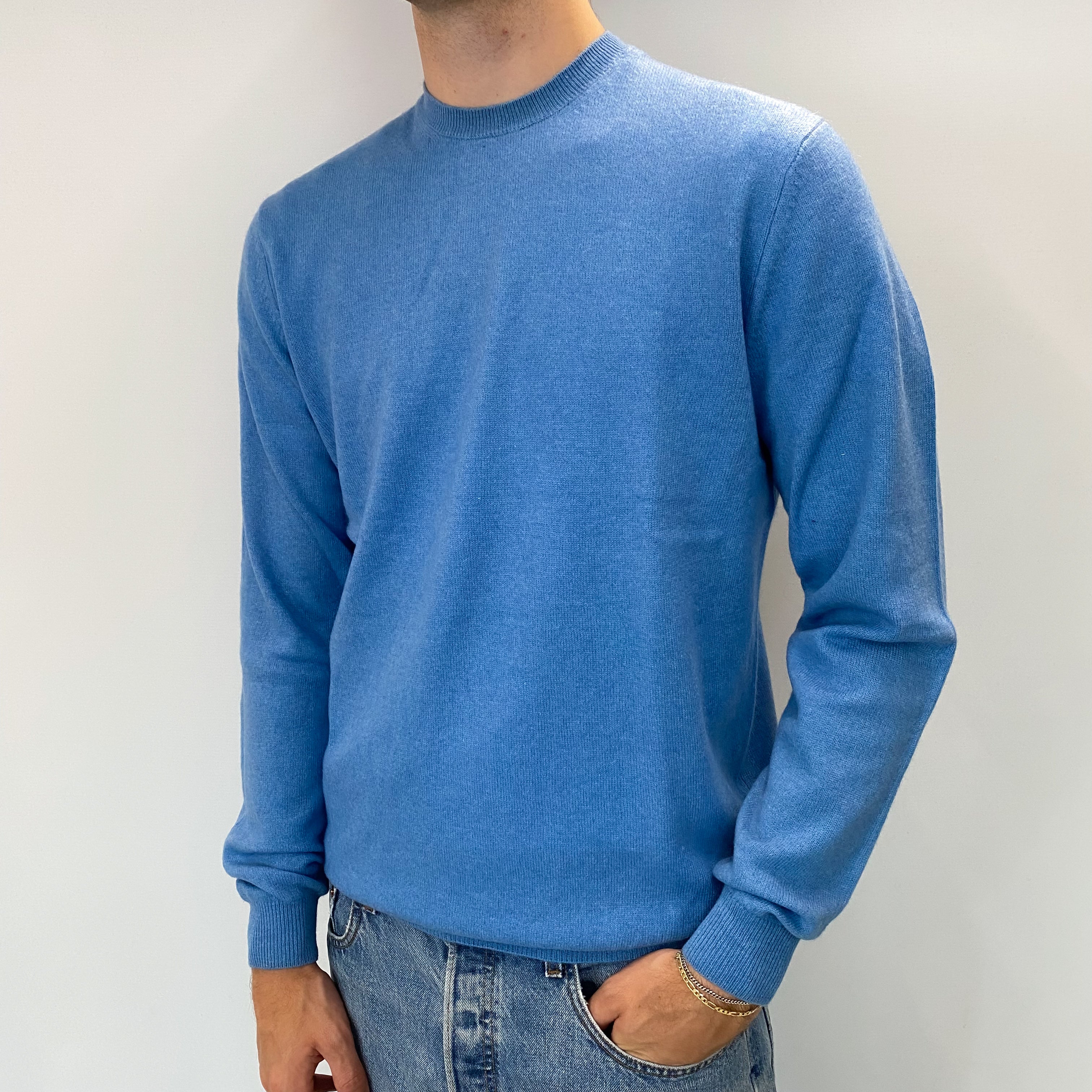 Men's Sky Blue Cashmere Crew Neck Jumper Medium