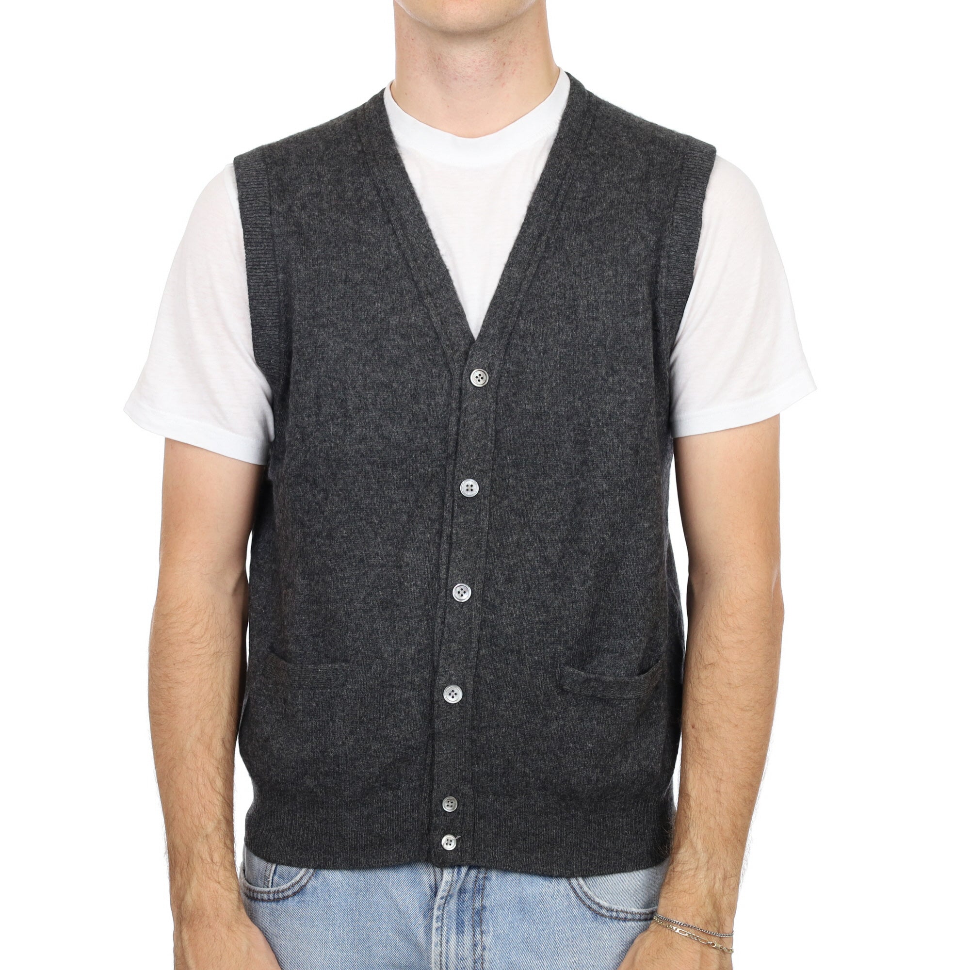 Men's Charcoal Grey Cashmere V Neck Sleeveless Cardigan Large