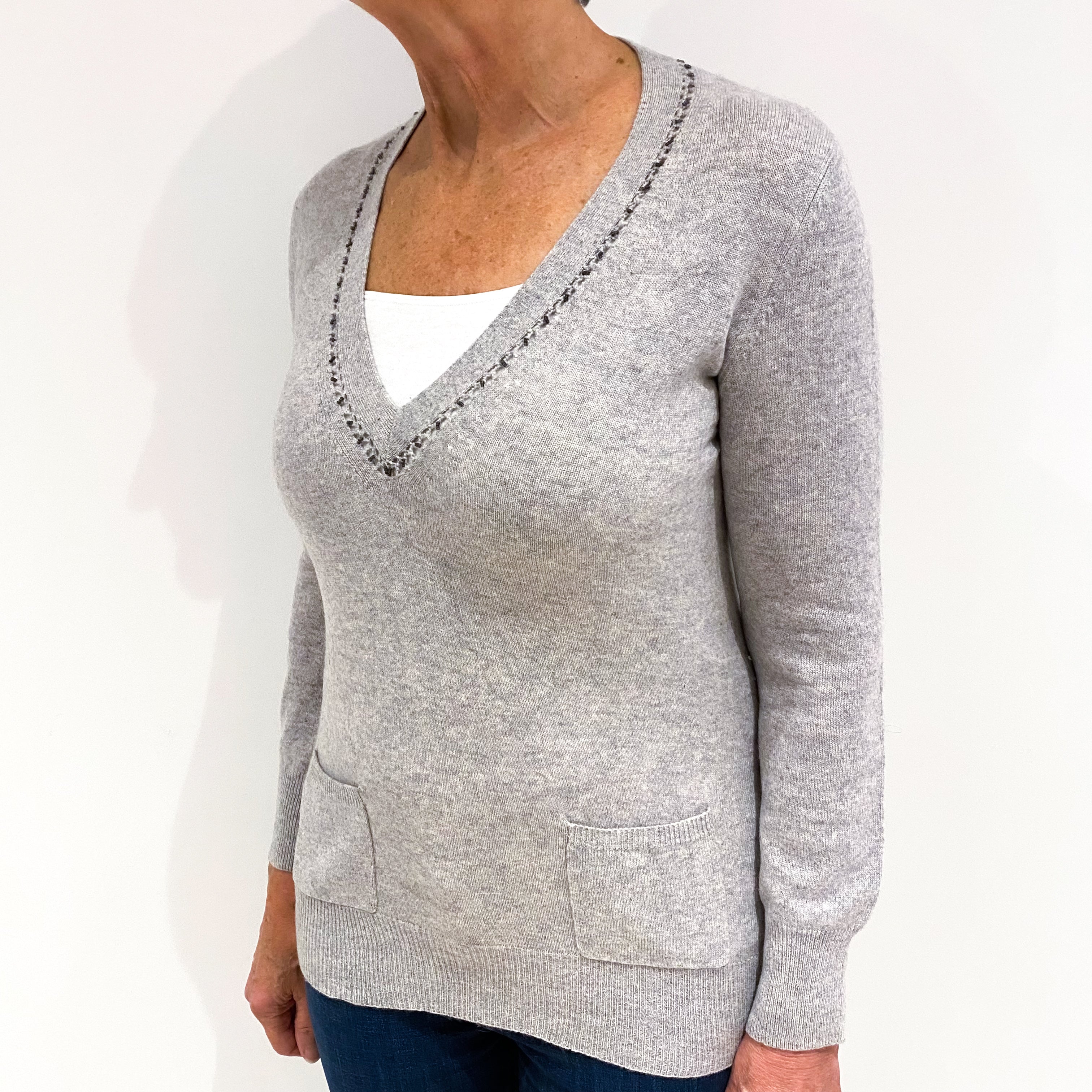 Ash Grey Cashmere V-Neck Jumper Medium