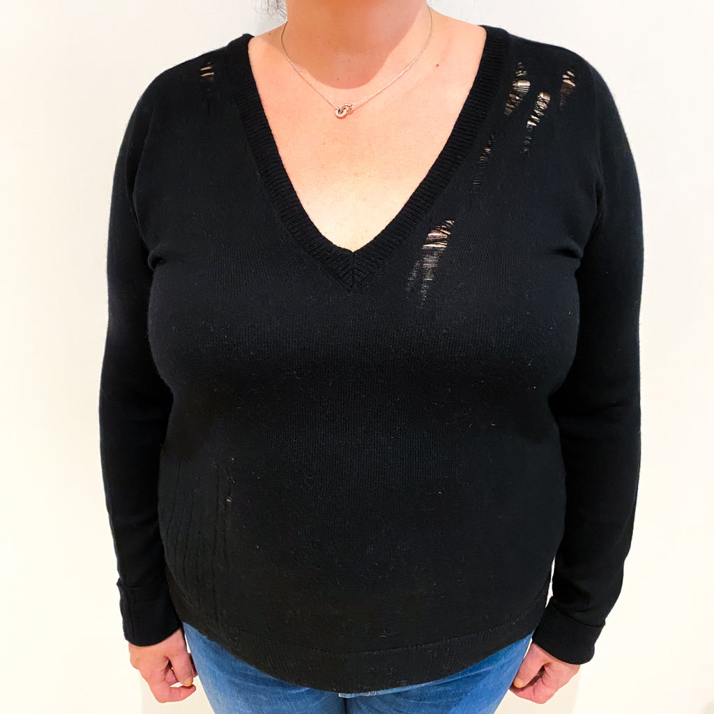 Black Distressed Look Cashmere V Neck Jumper Extra Large