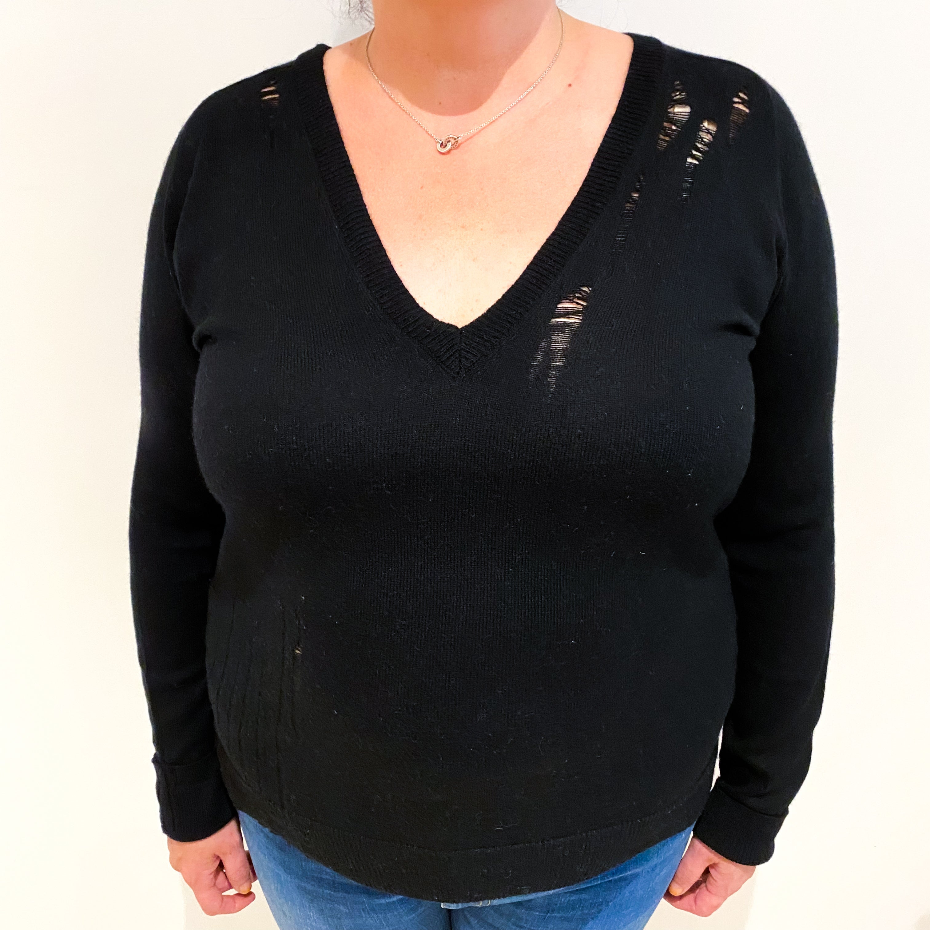Black Distressed Look Cashmere V Neck Jumper Extra Large