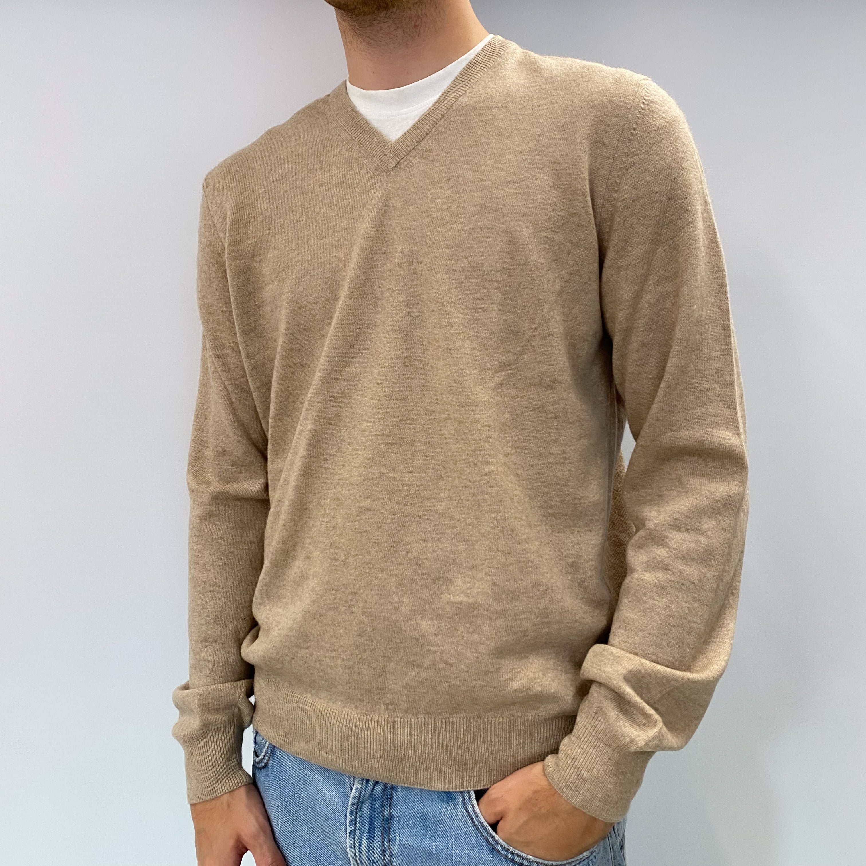 Men's Biscuit Brown Cashmere V Neck Jumper Large