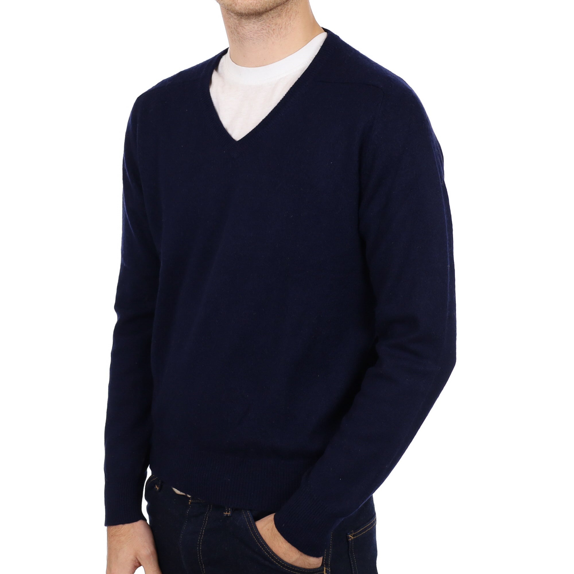 Men's Deep Navy Blue Cashmere V Neck Jumper Medium