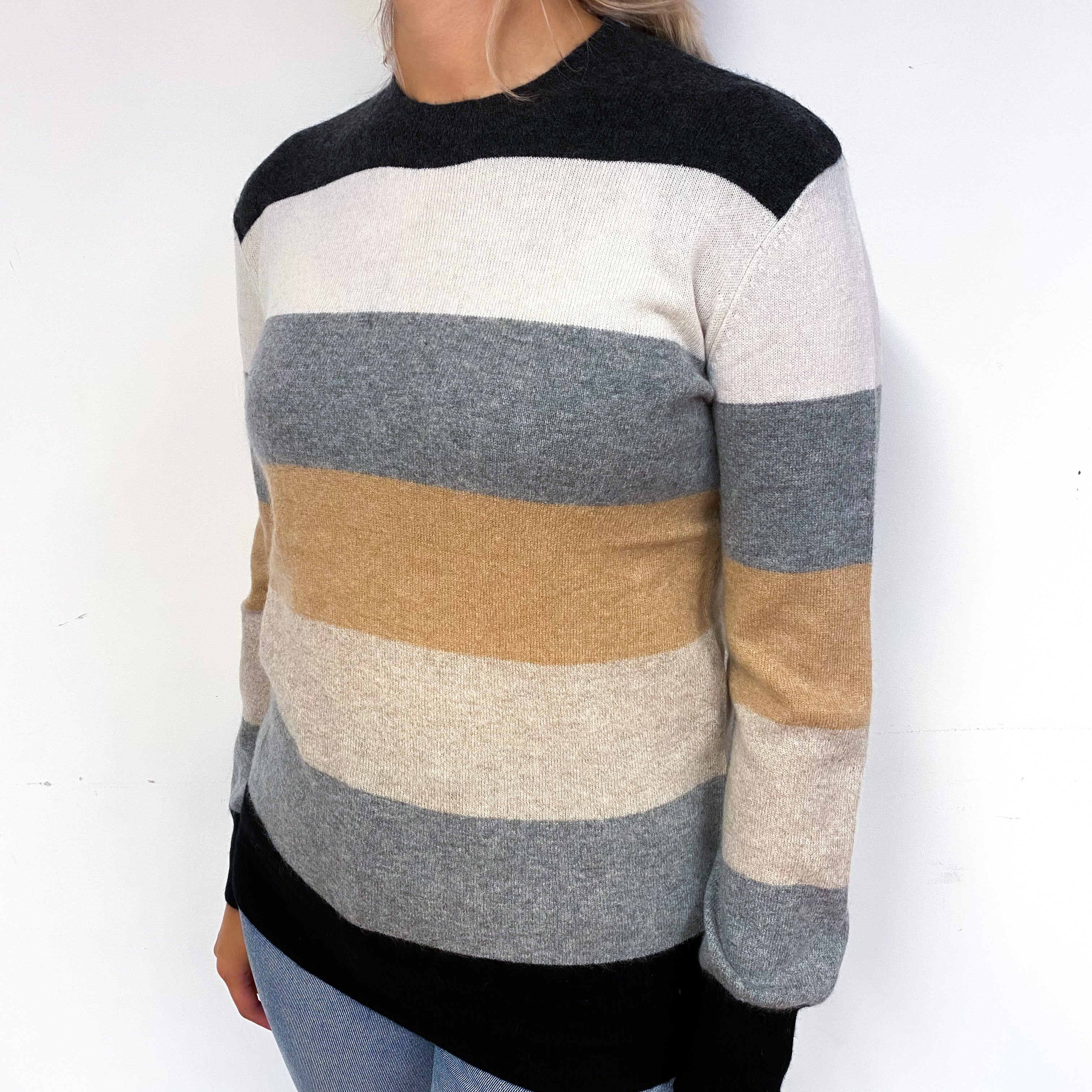 Grey Black Striped Slouchy Cashmere Crew Neck Jumper Small