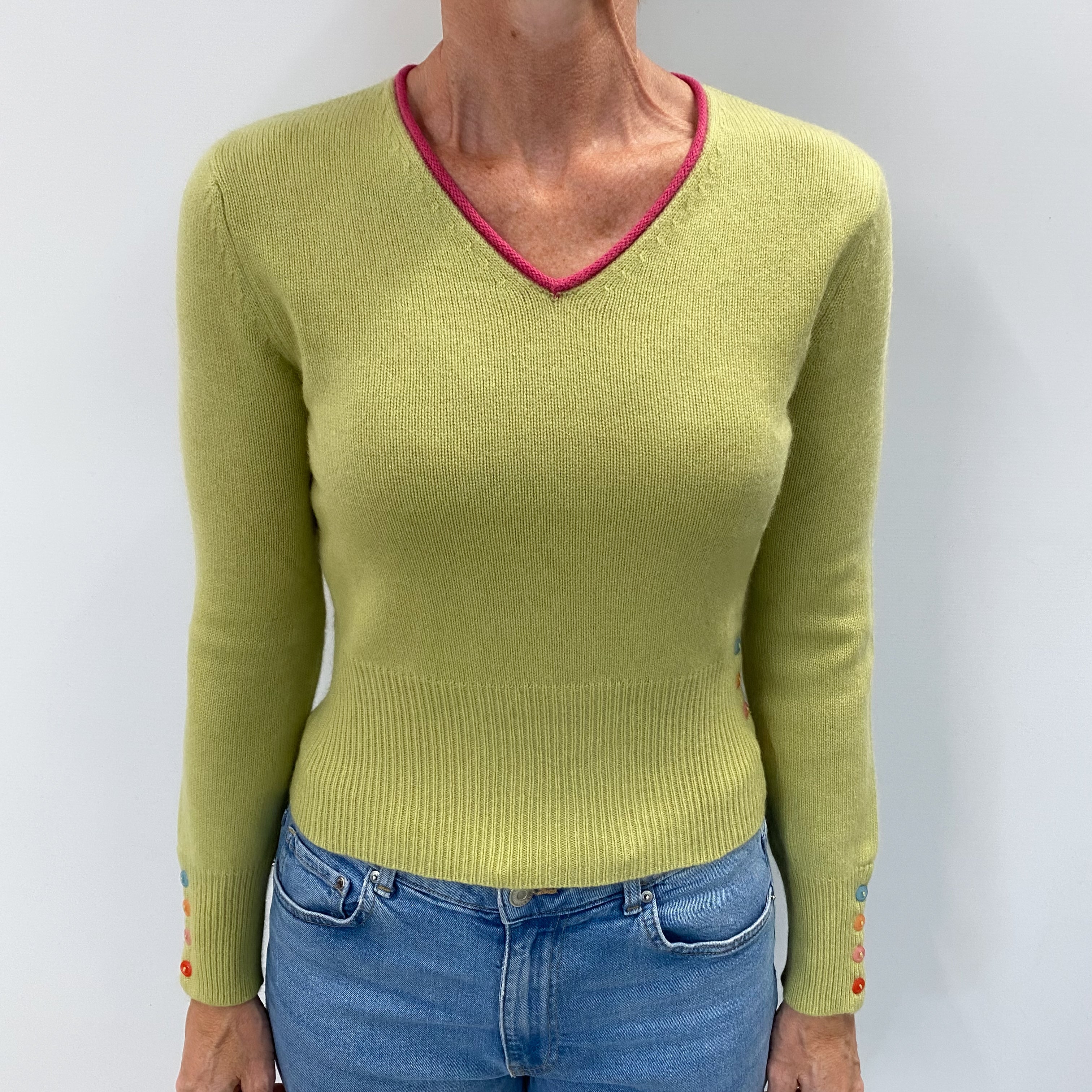 Pistachio Green Cashmere V Neck Jumper Small