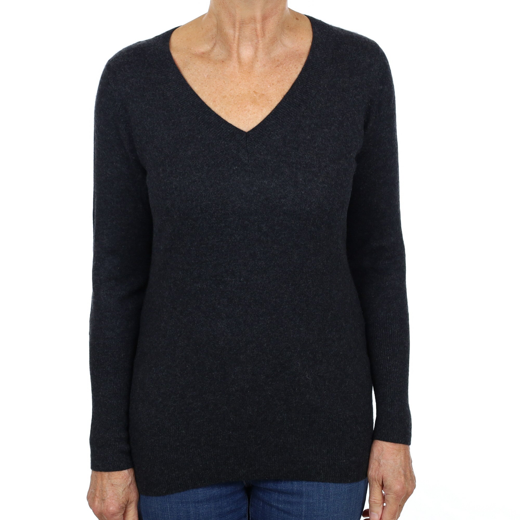 Charcoal Grey Cashmere V Neck Jumper Medium