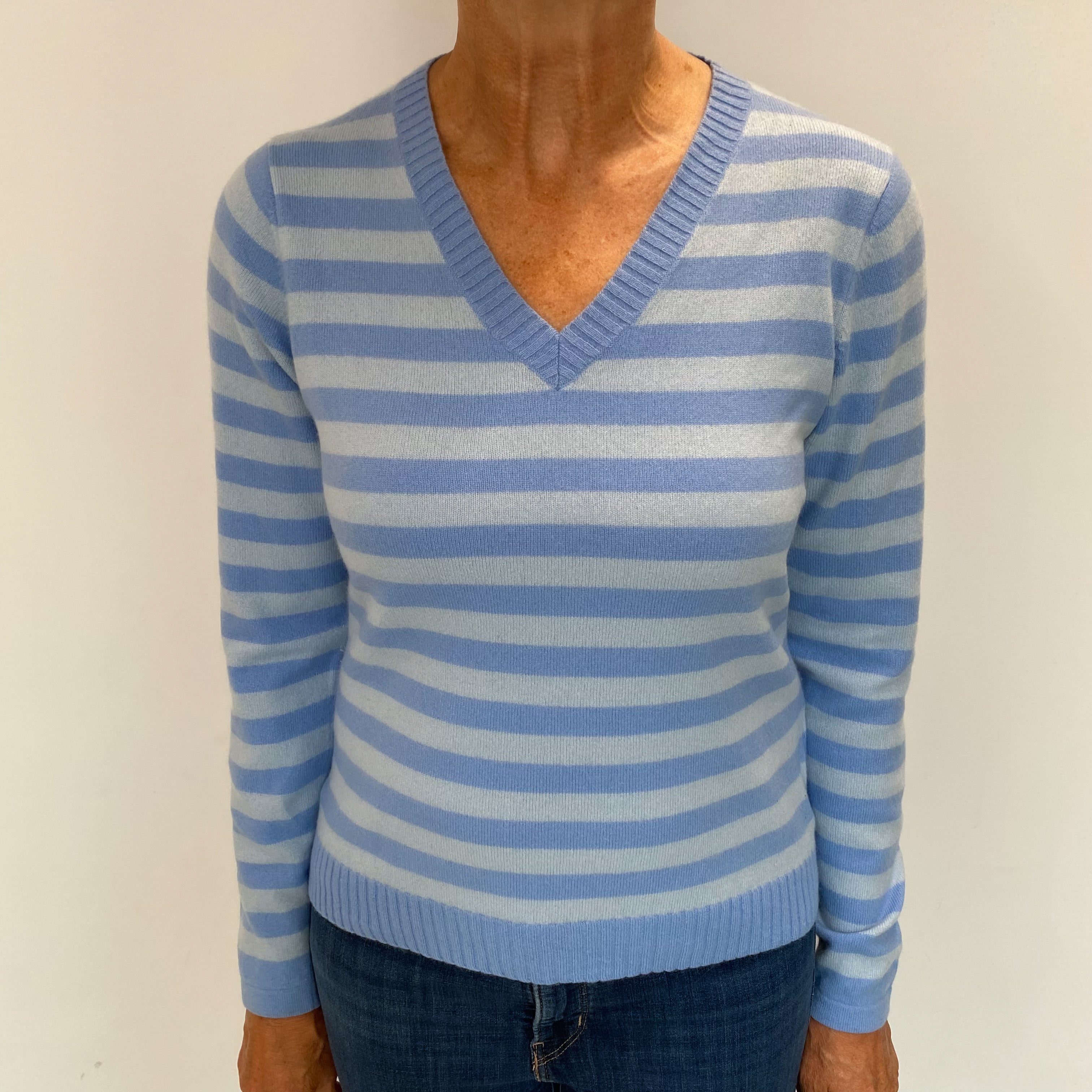 Cornflower Blue Striped Cashmere V Neck Jumper Medium