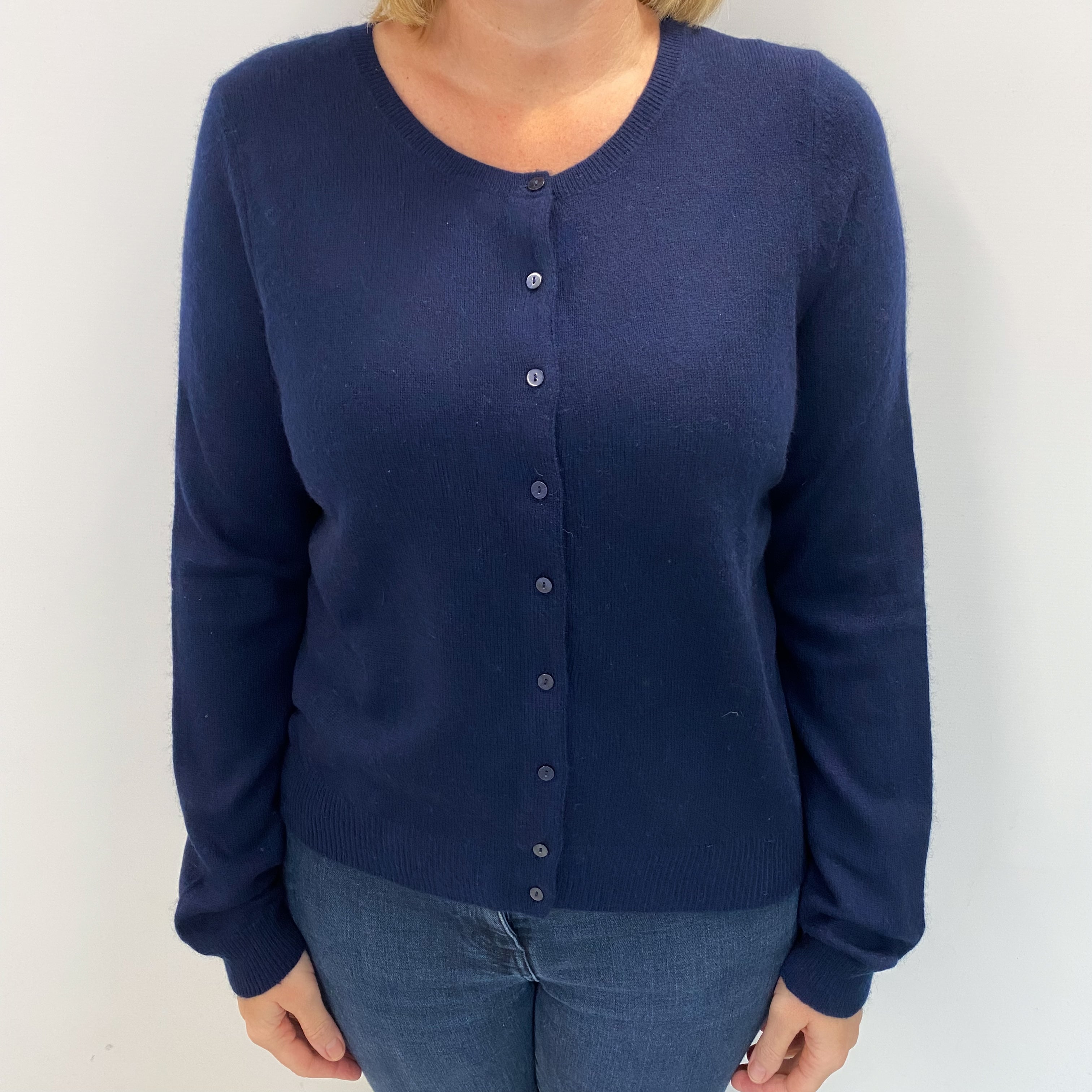 Navy Blue Cashmere Crew Neck Cardigan Large