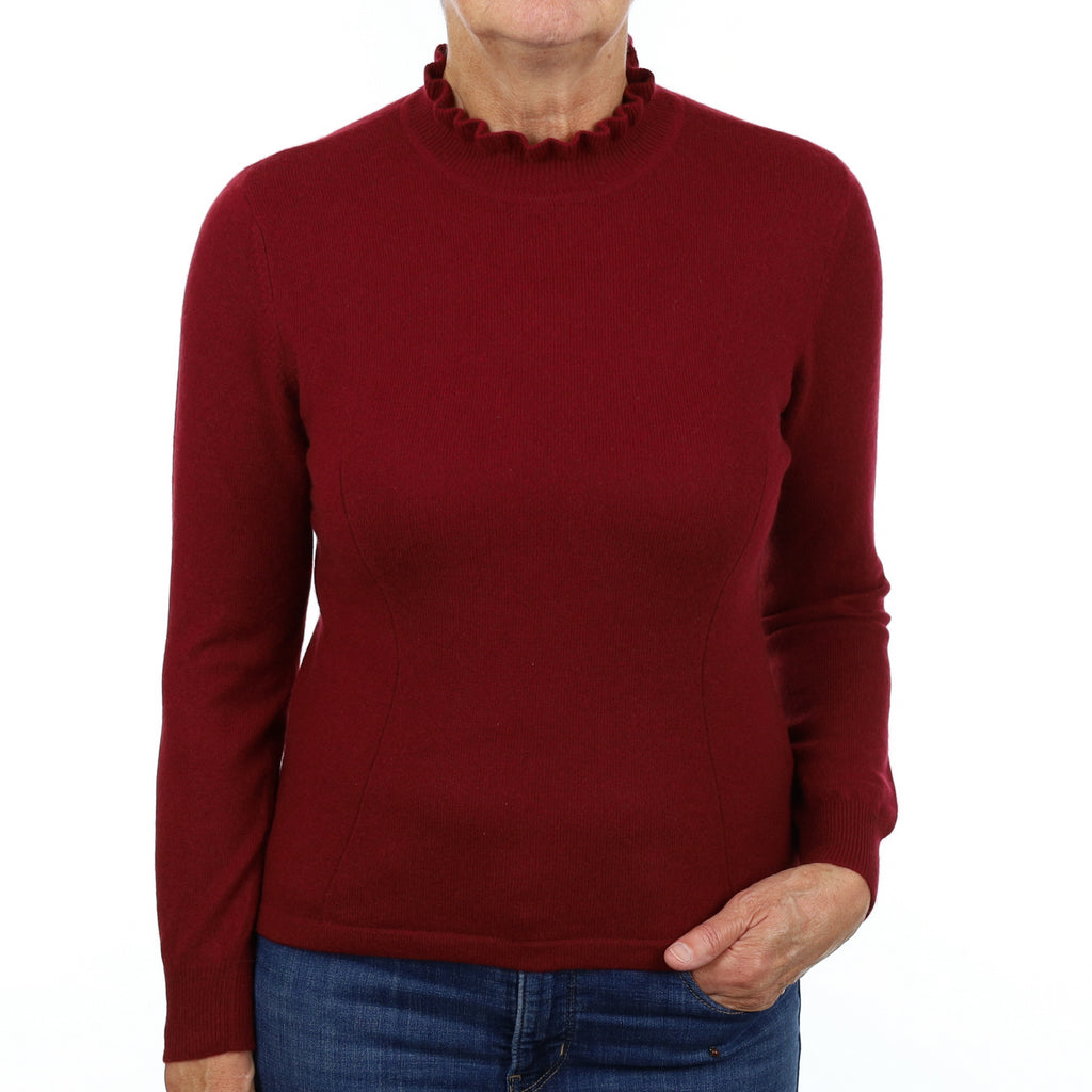 Burgundy Red Cashmere Frill Turtle Neck Jumper Medium