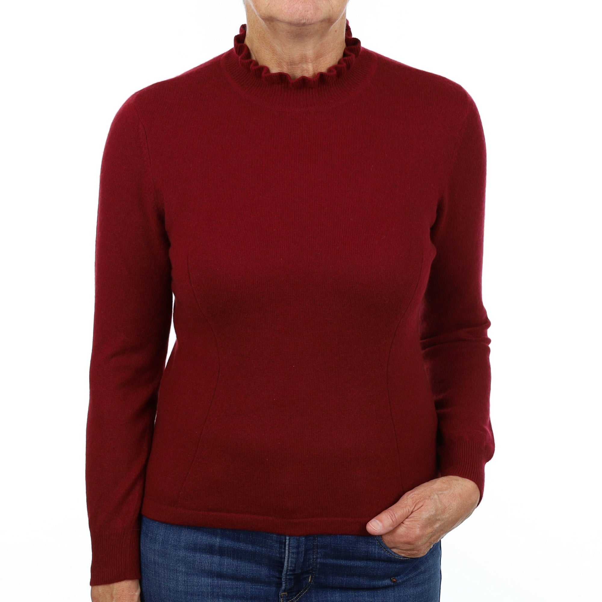 Burgundy Red Cashmere Frill Turtle Neck Jumper Medium