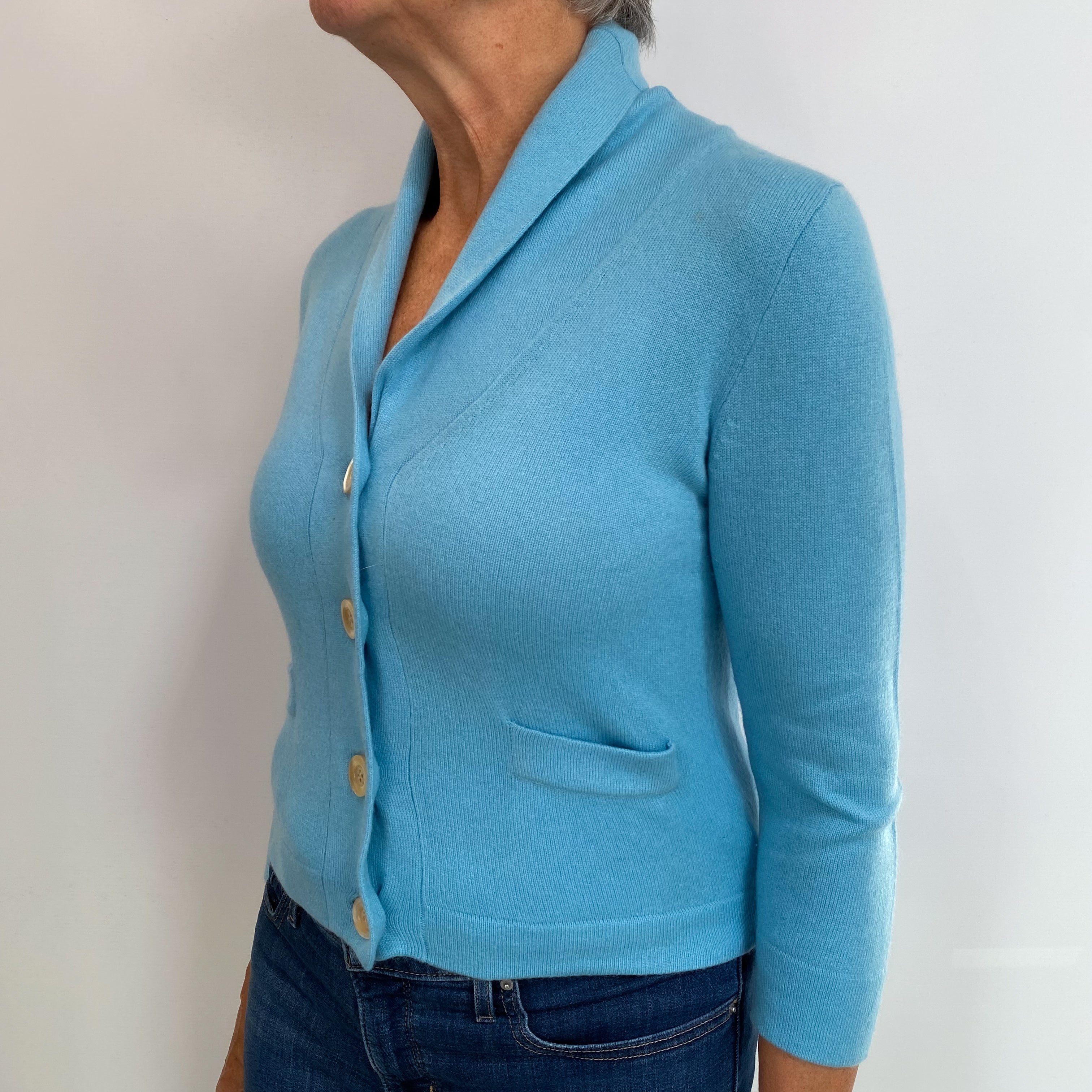 Aqua Blue Cashmere Shawl Collar Cardigan Medium