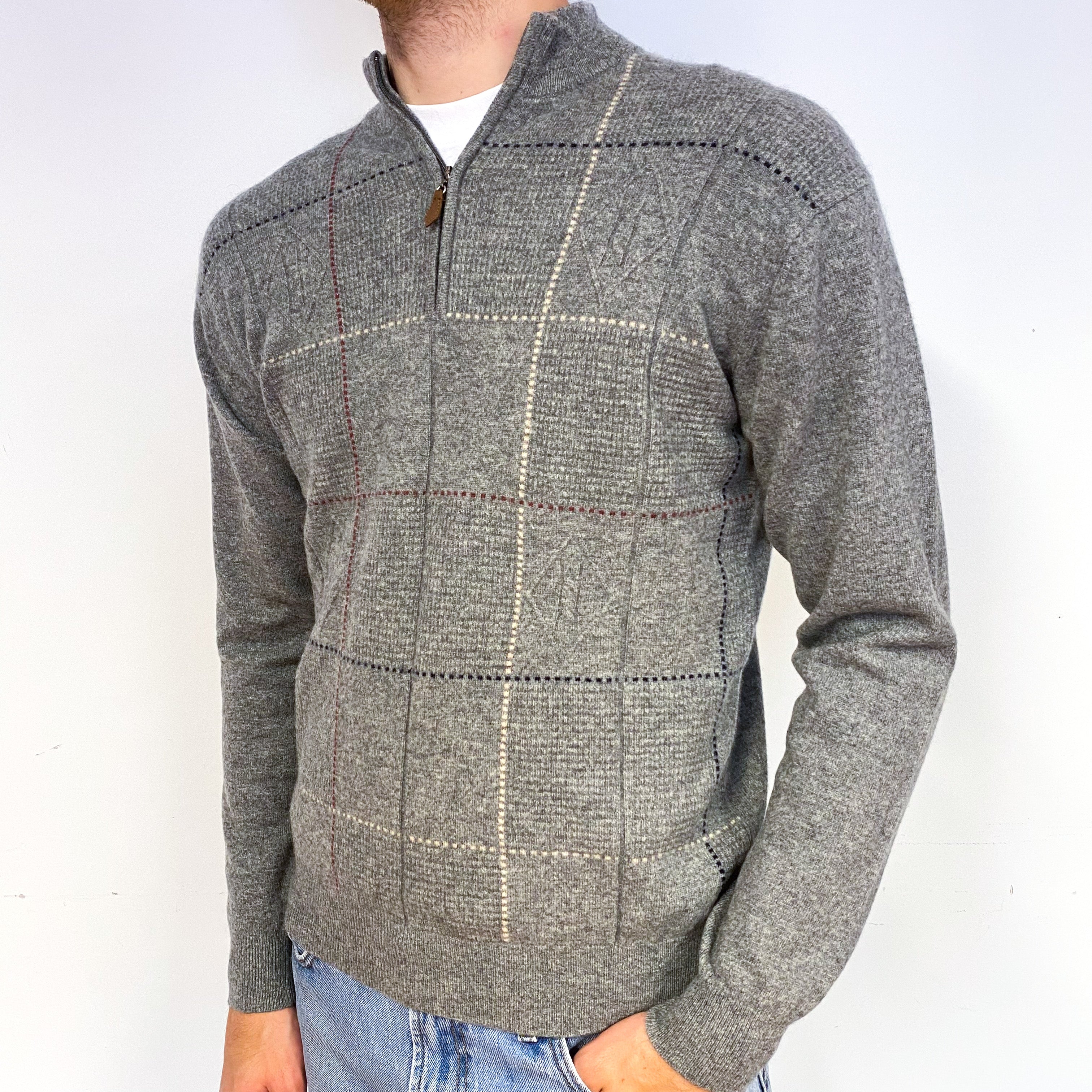Men's Ash Grey Checked Cashmere 1/4 Zip Jumper Medium