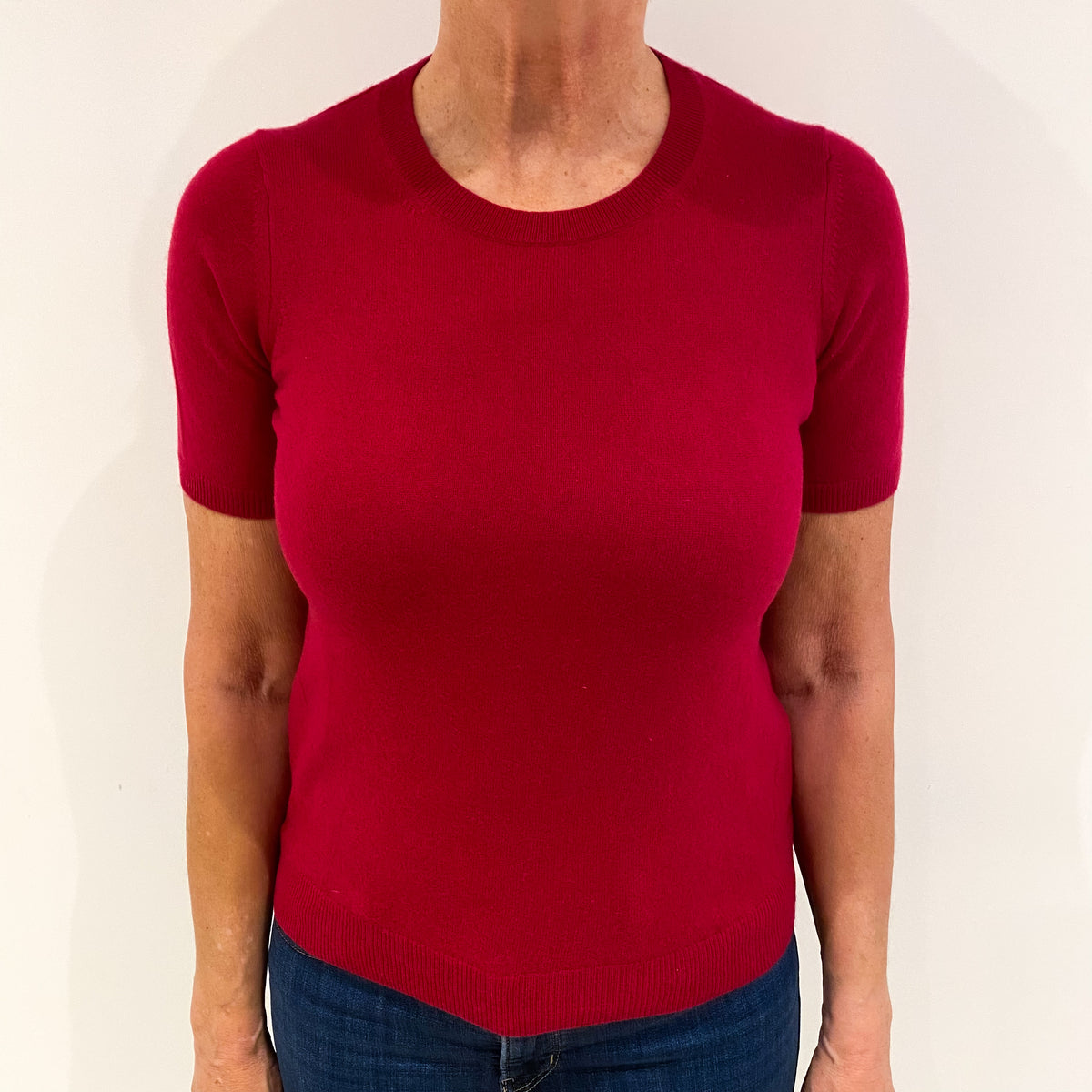 Cherry Pink Short Sleeved Cashmere Crew Neck Jumper Medium