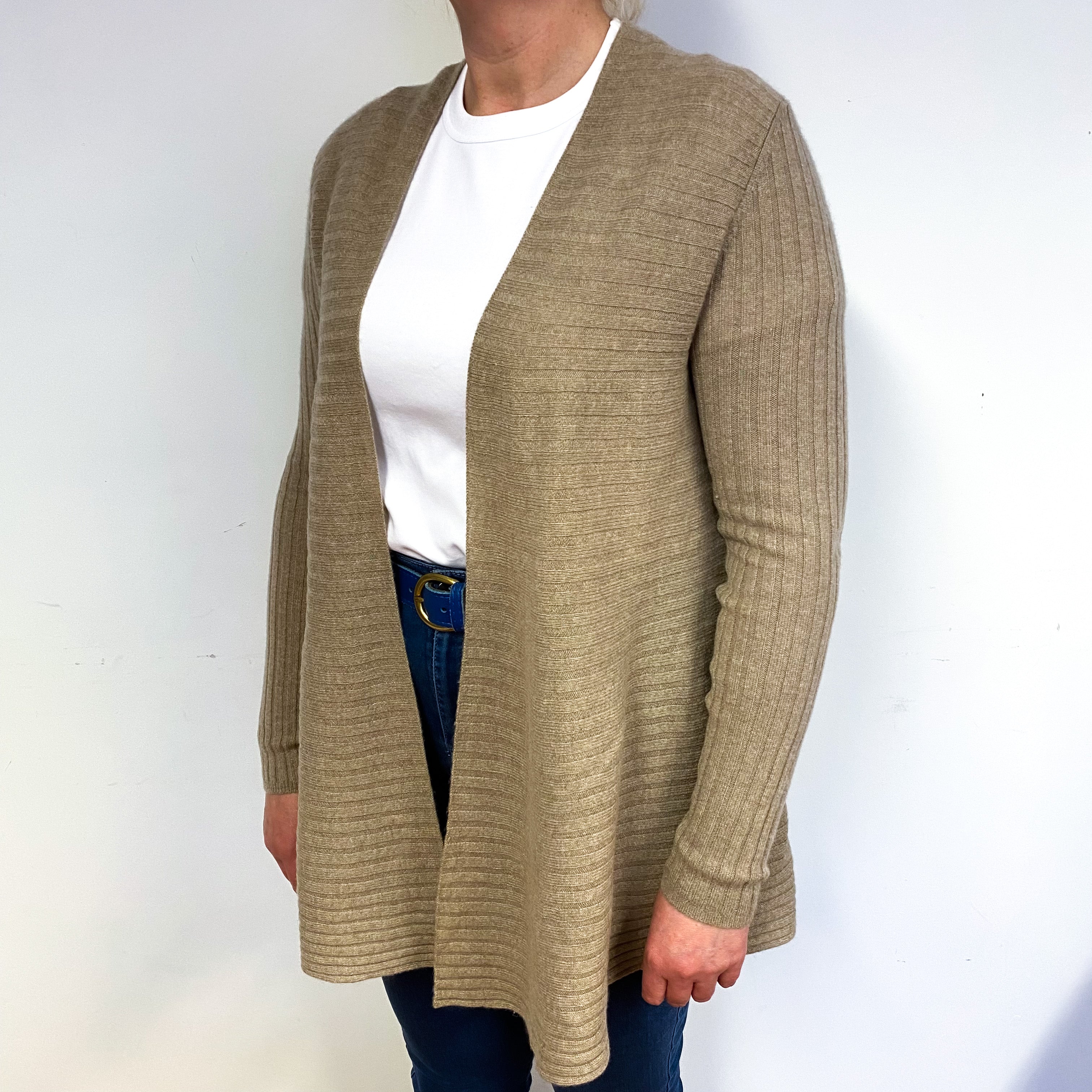 Taupe Brown Ribbed Cashmere Edge to Edge Cardigan Large