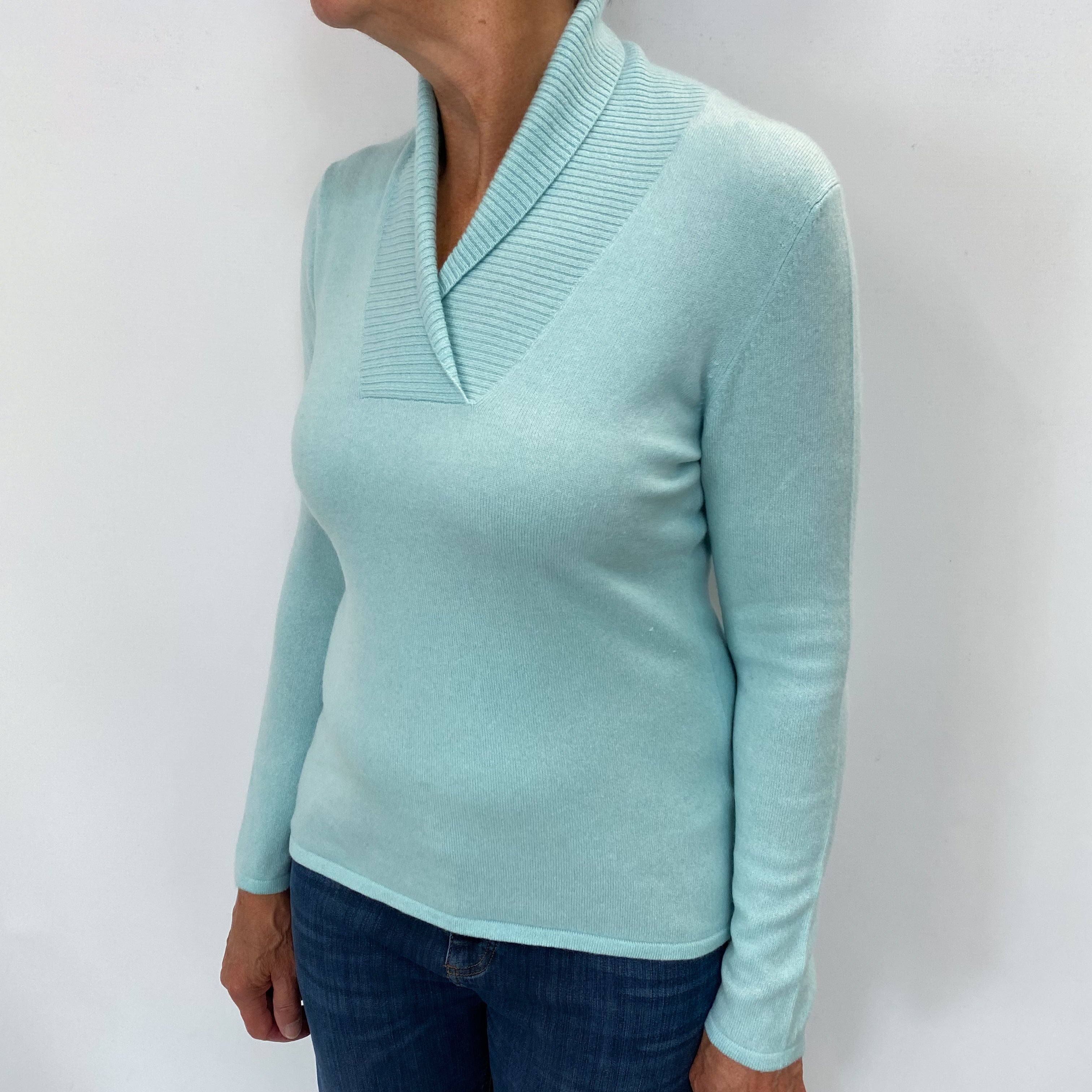 Opal Blue Cashmere Shawl Collar Jumper Medium