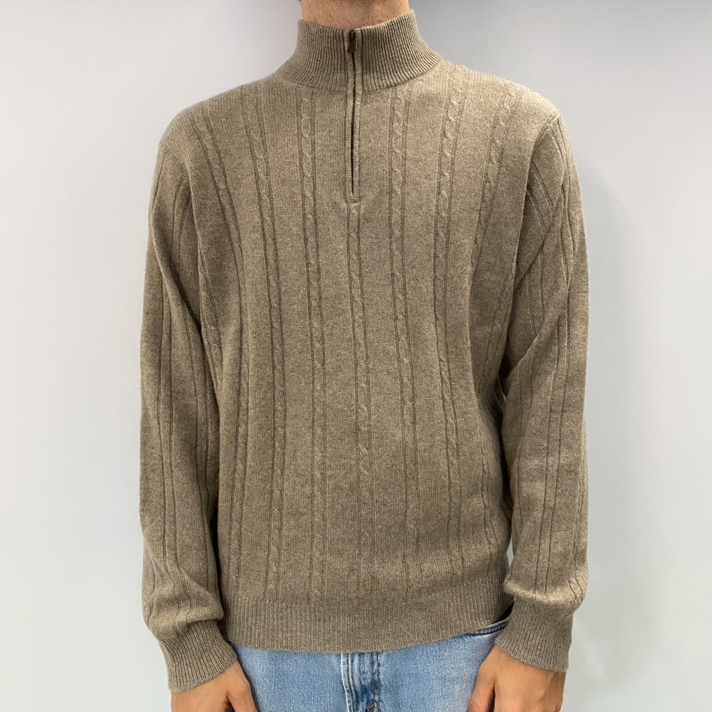 Men's Taupe Beige Cashmere Turtle Neck Jumper Large