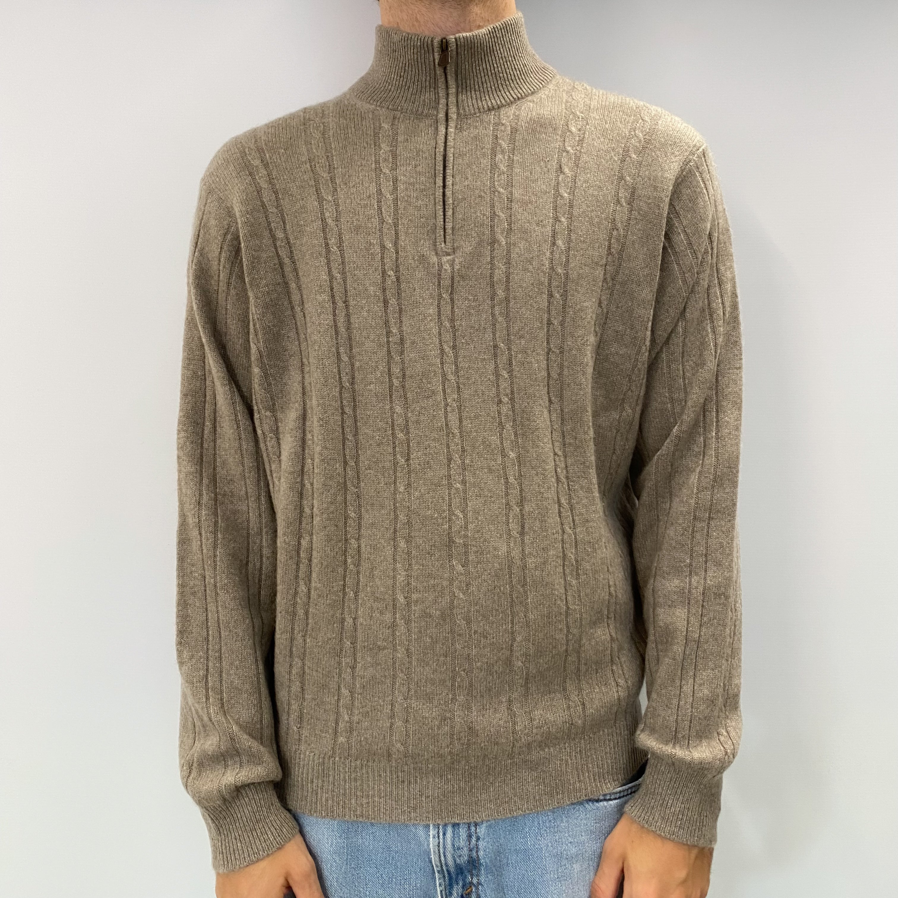 Men's Taupe Beige Cashmere Turtle Neck Jumper Large