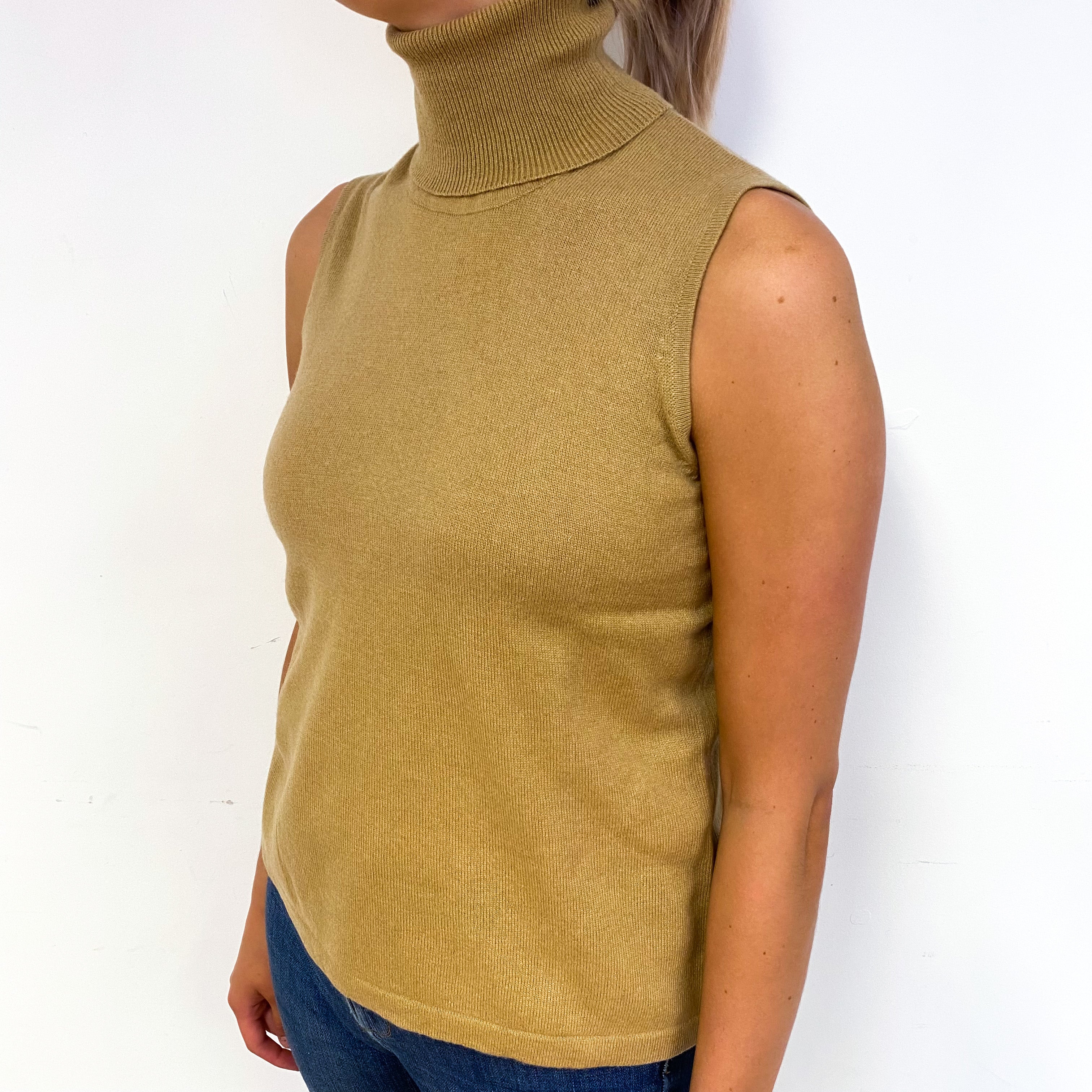 Camel Brown Sleeveless Cashmere Polo Neck Jumper Small