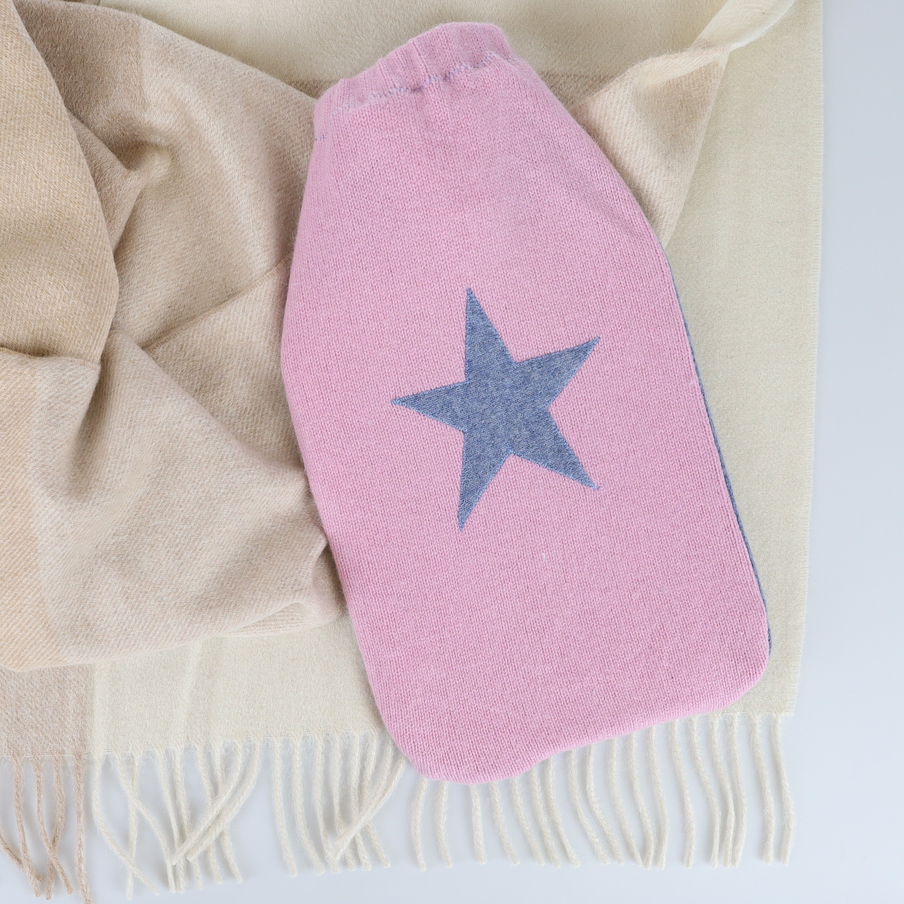 Light Pink and Denim Blue Cashmere Large Hot Water Bottle