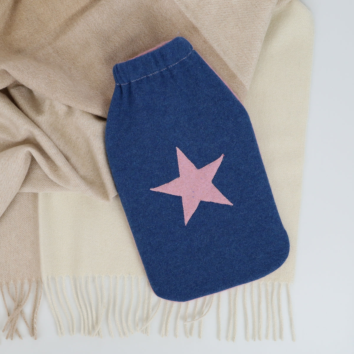 Denim Blue and Pink Cashmere Large Hot Water Bottle