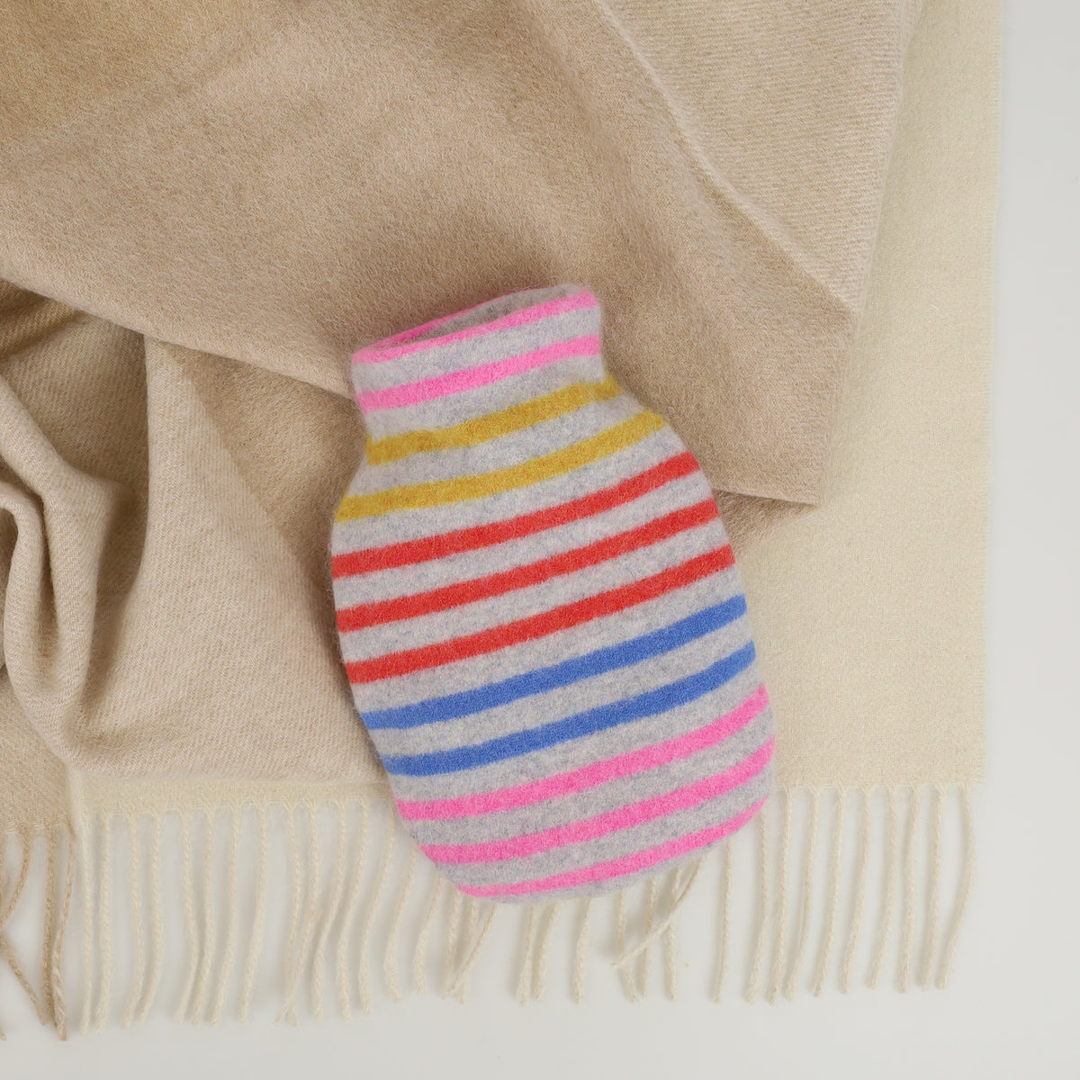 Grey Multicoloured Stripe Small Cashmere Hot Water Bottle