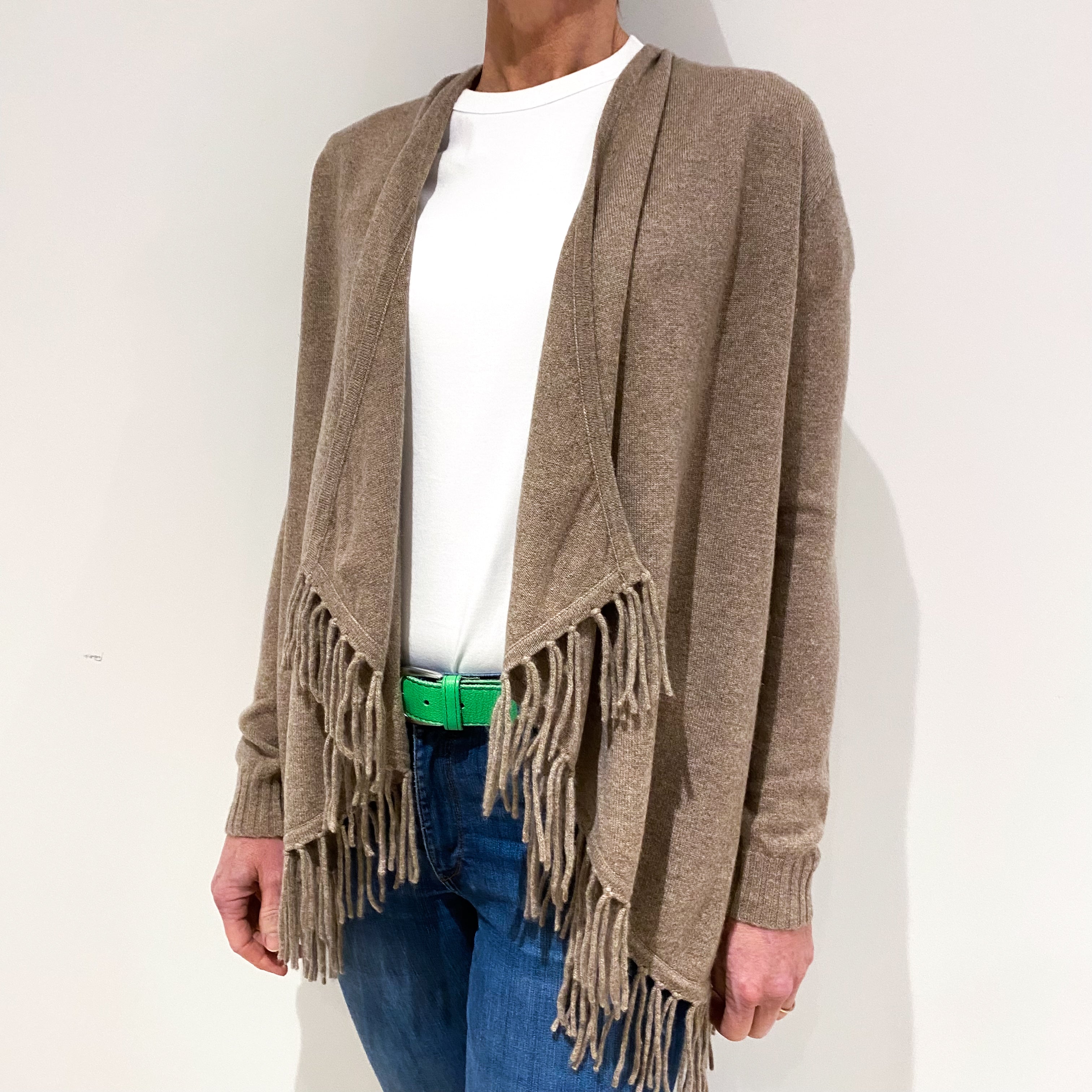 Fawn Beige Cashmere Tassel Edges Waterfall Cardigan Small