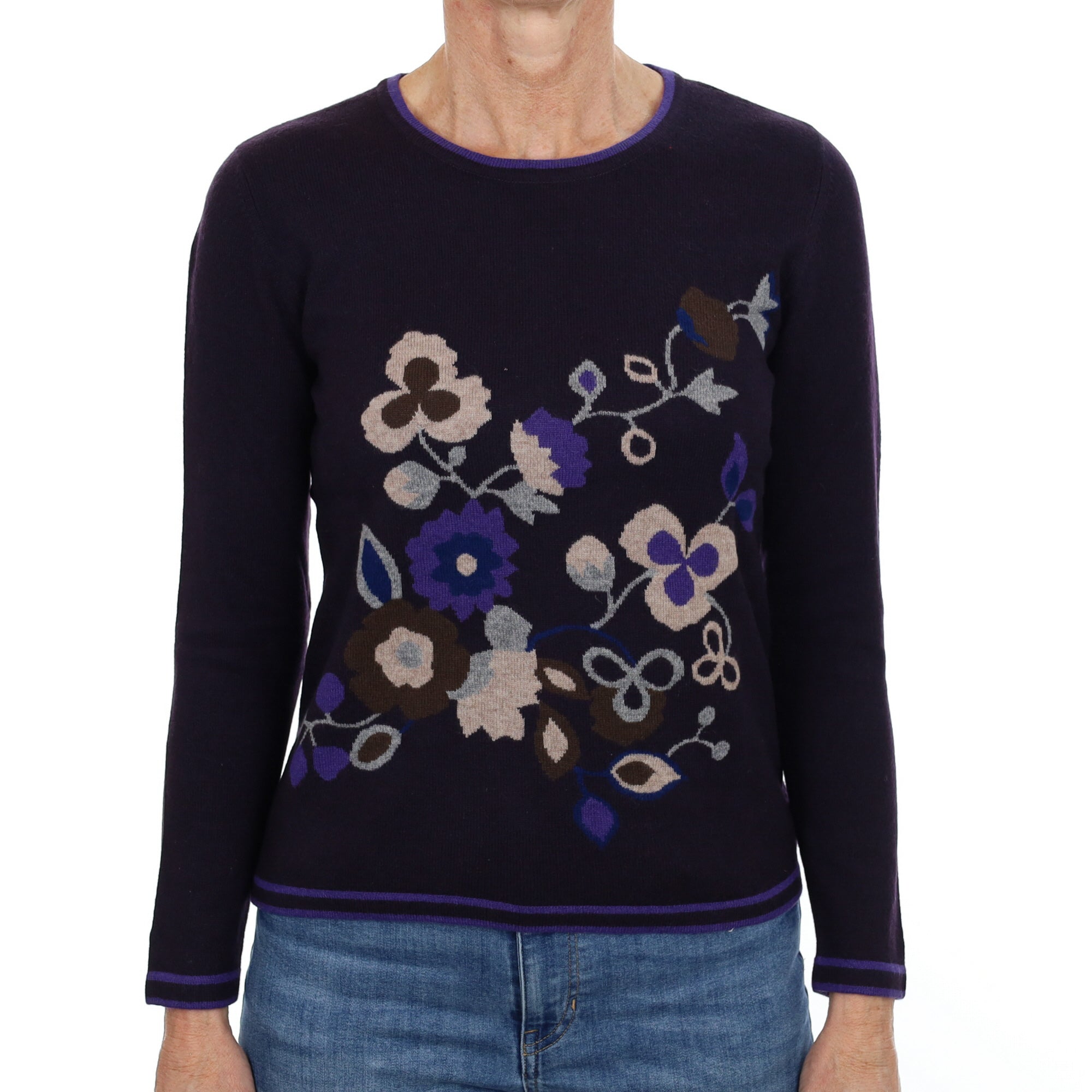 Navy Blue Patterned Cashmere Crew Neck Jumper Small