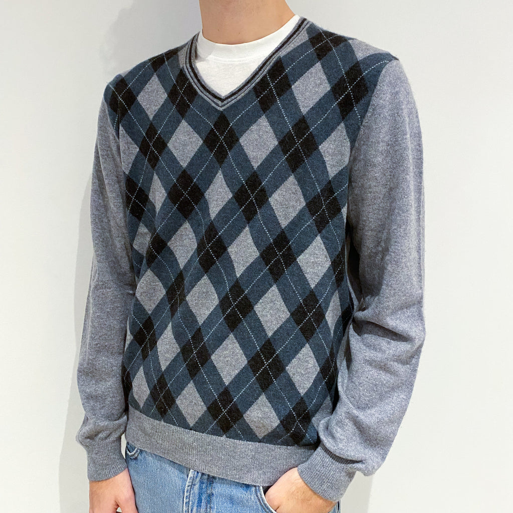 Men's Grey and Spruce Green Diamond Cashmere V-Neck Jumper