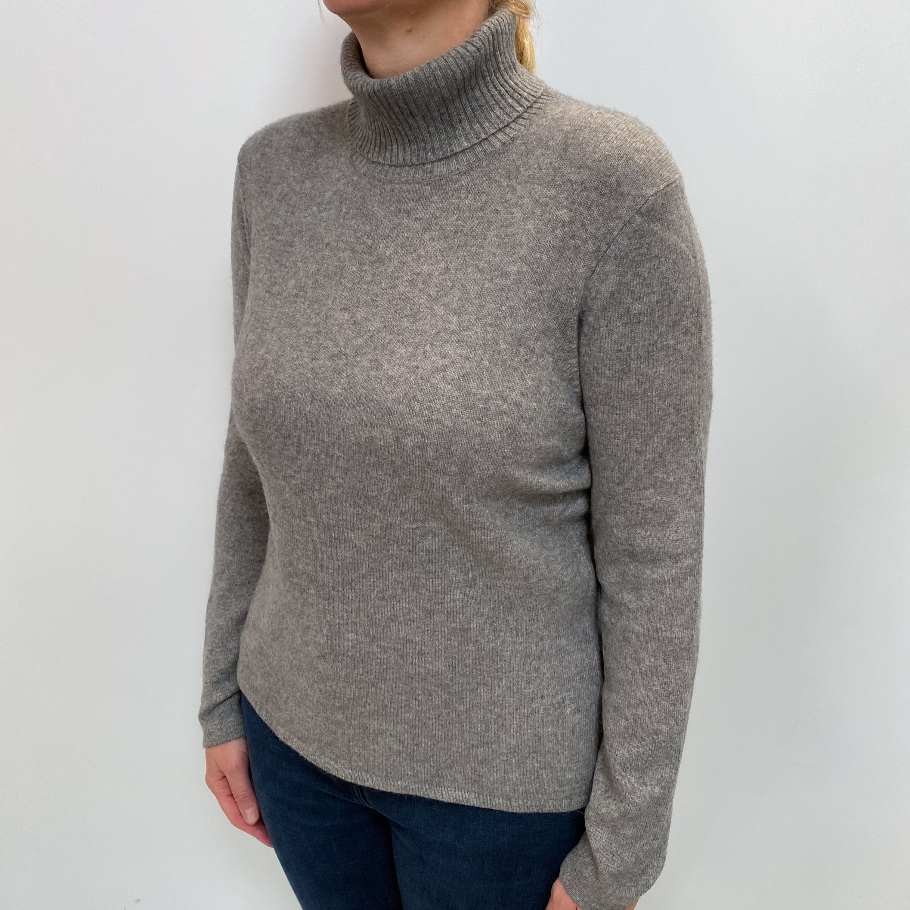 Ash Grey Cashmere Polo Neck Jumper Large