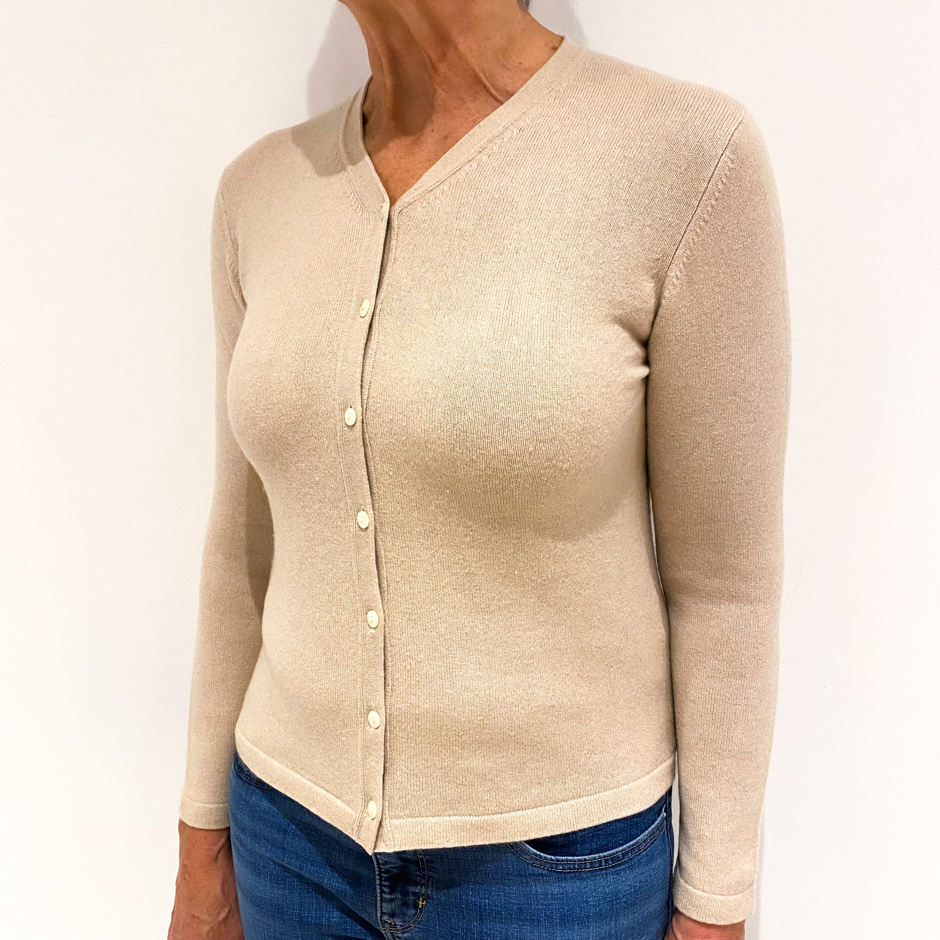 Soft Beige Cashmere V Neck Cardigan Medium