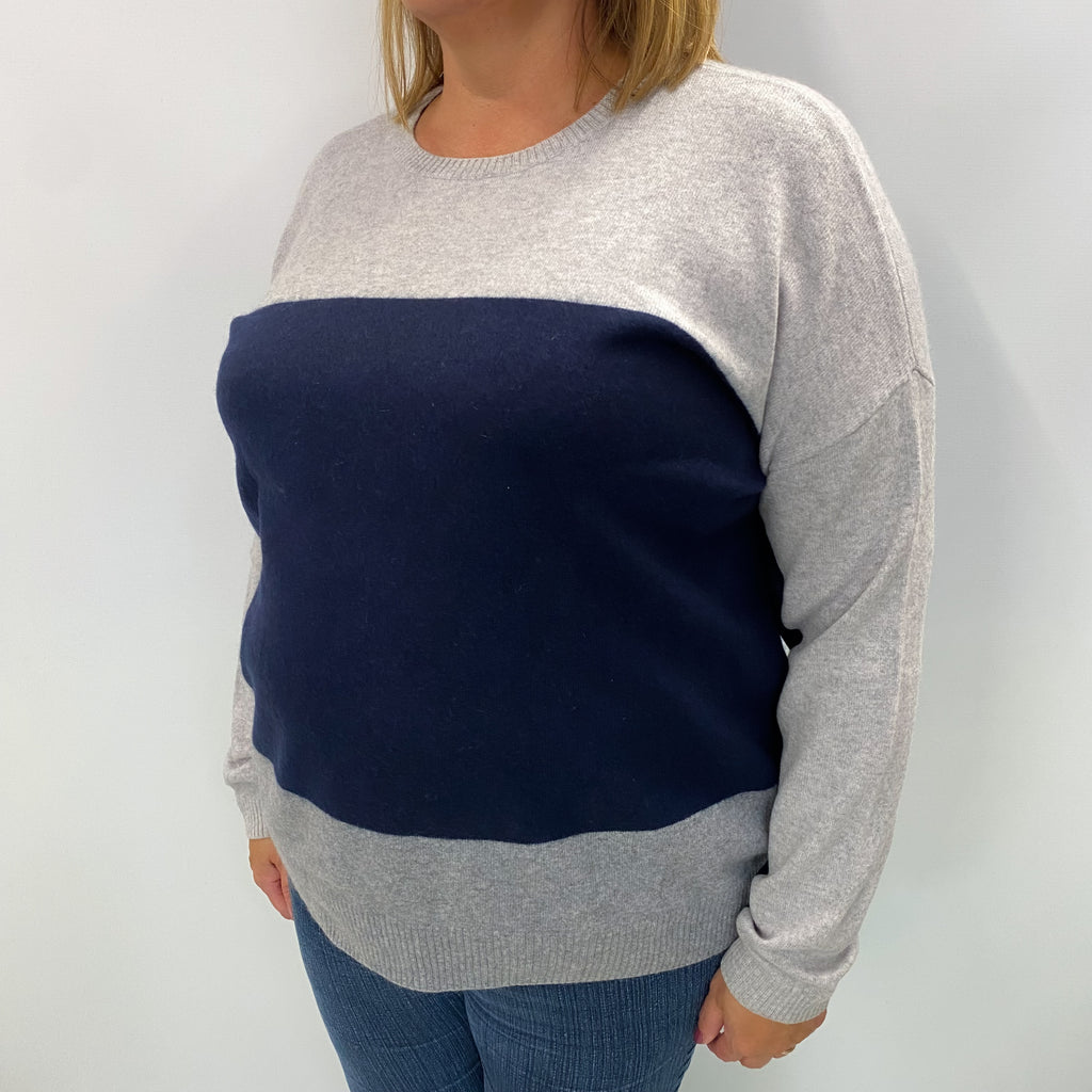 Grey and Navy Blue Colour Block Cashmere Crew Neck Jumper Extra Large