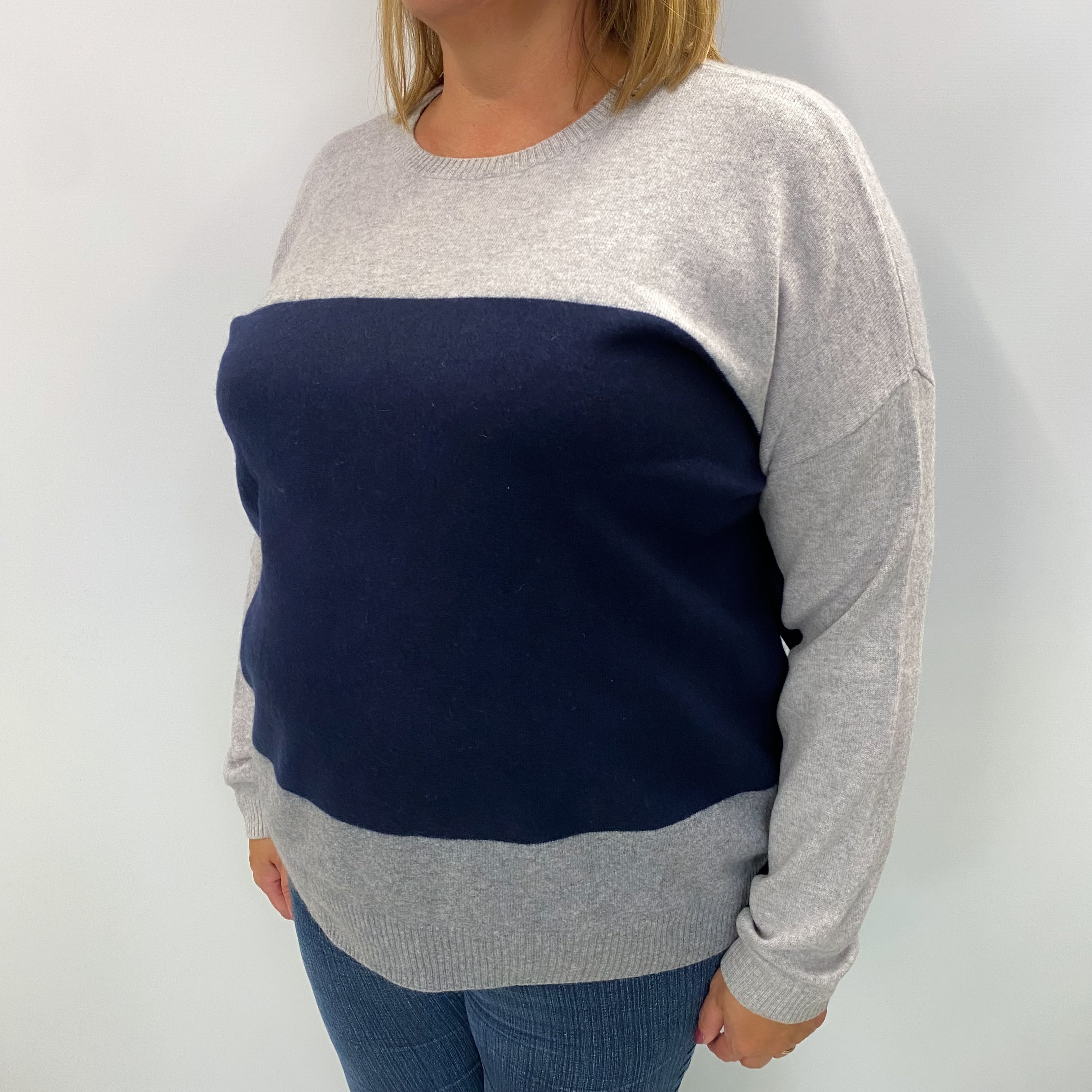 Grey and Navy Blue Colour Block Cashmere Crew Neck Jumper Extra Large