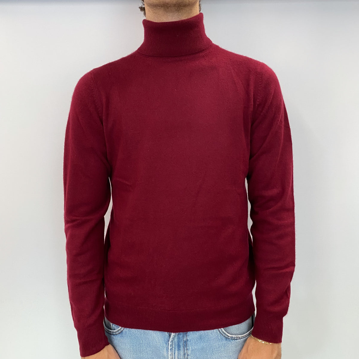Men's Burgundy Red Cashmere Polo Neck Jumper Medium
