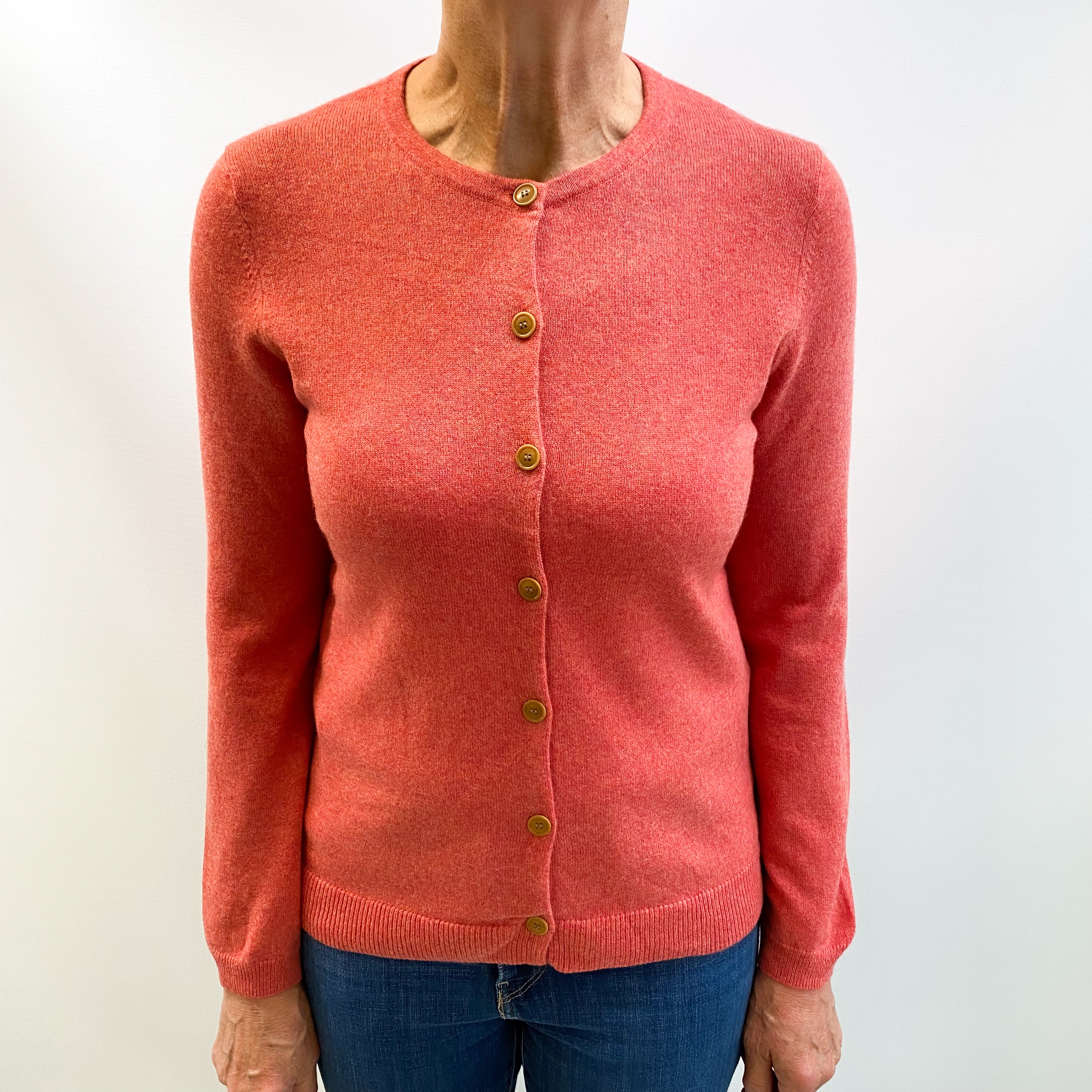 Sunset Red Cashmere Crew Neck Cardigan Medium