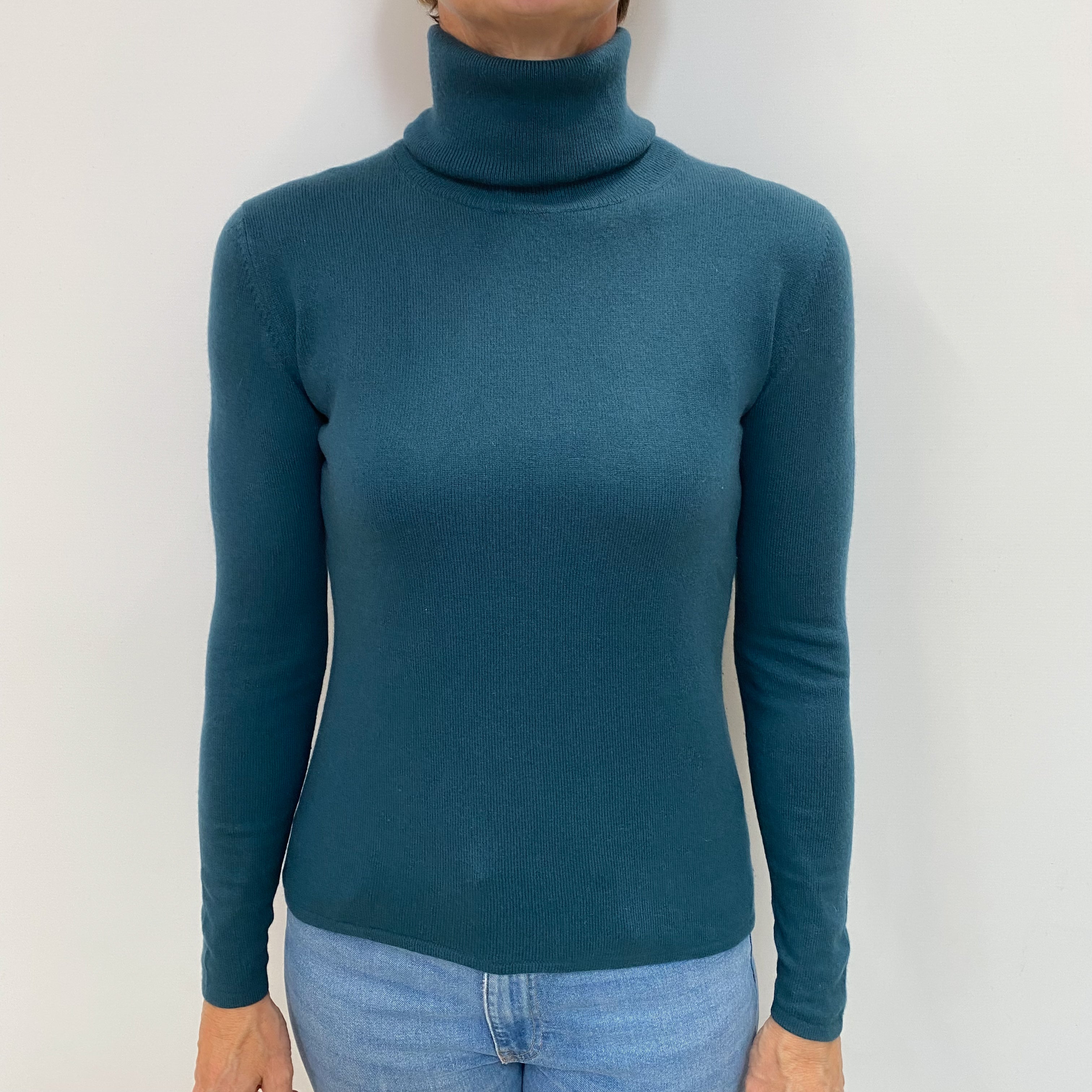 Petrol Blue Cashmere Polo Neck Jumper Small
