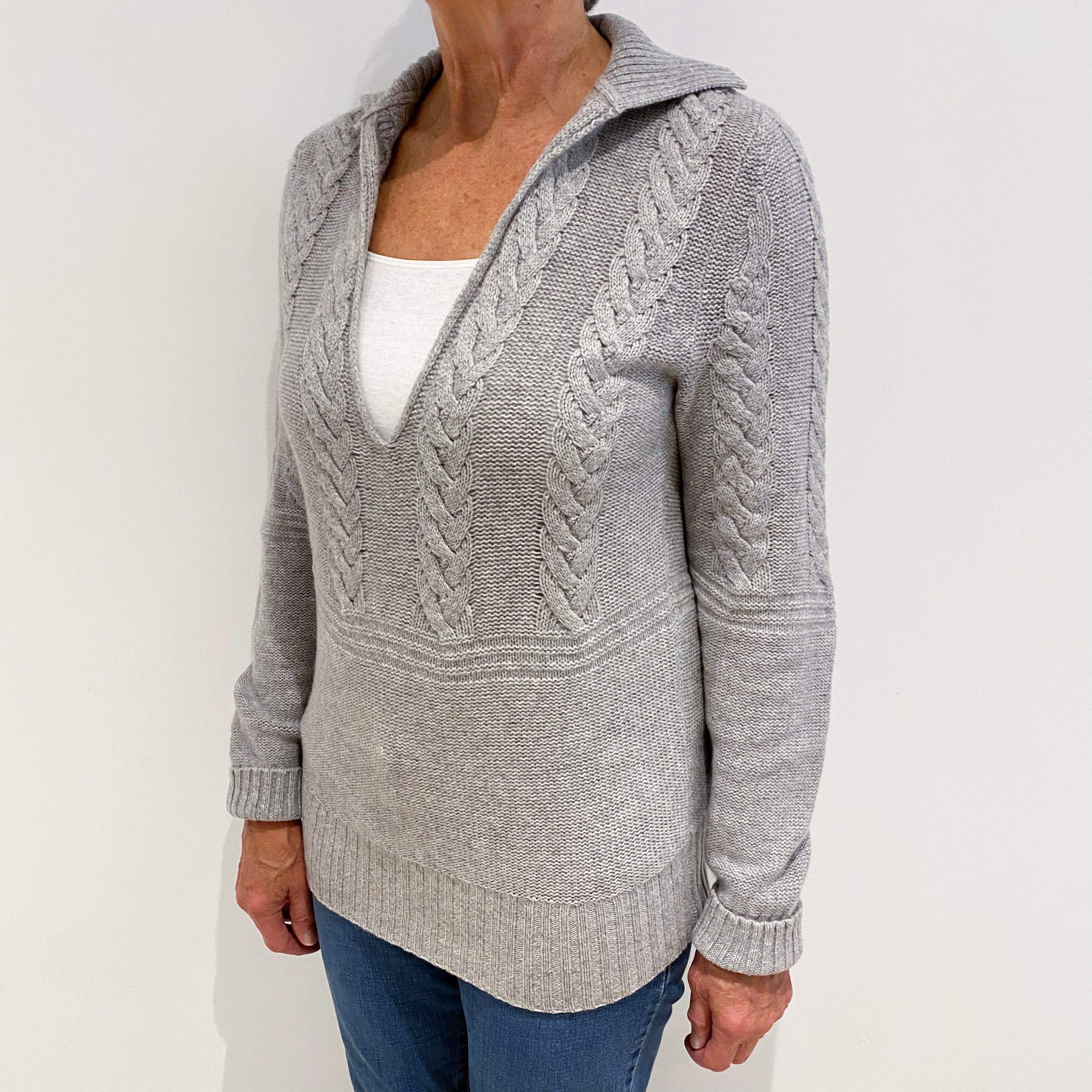 Smoke Grey Cable Cashmere Collared V-Neck Jumper Medium