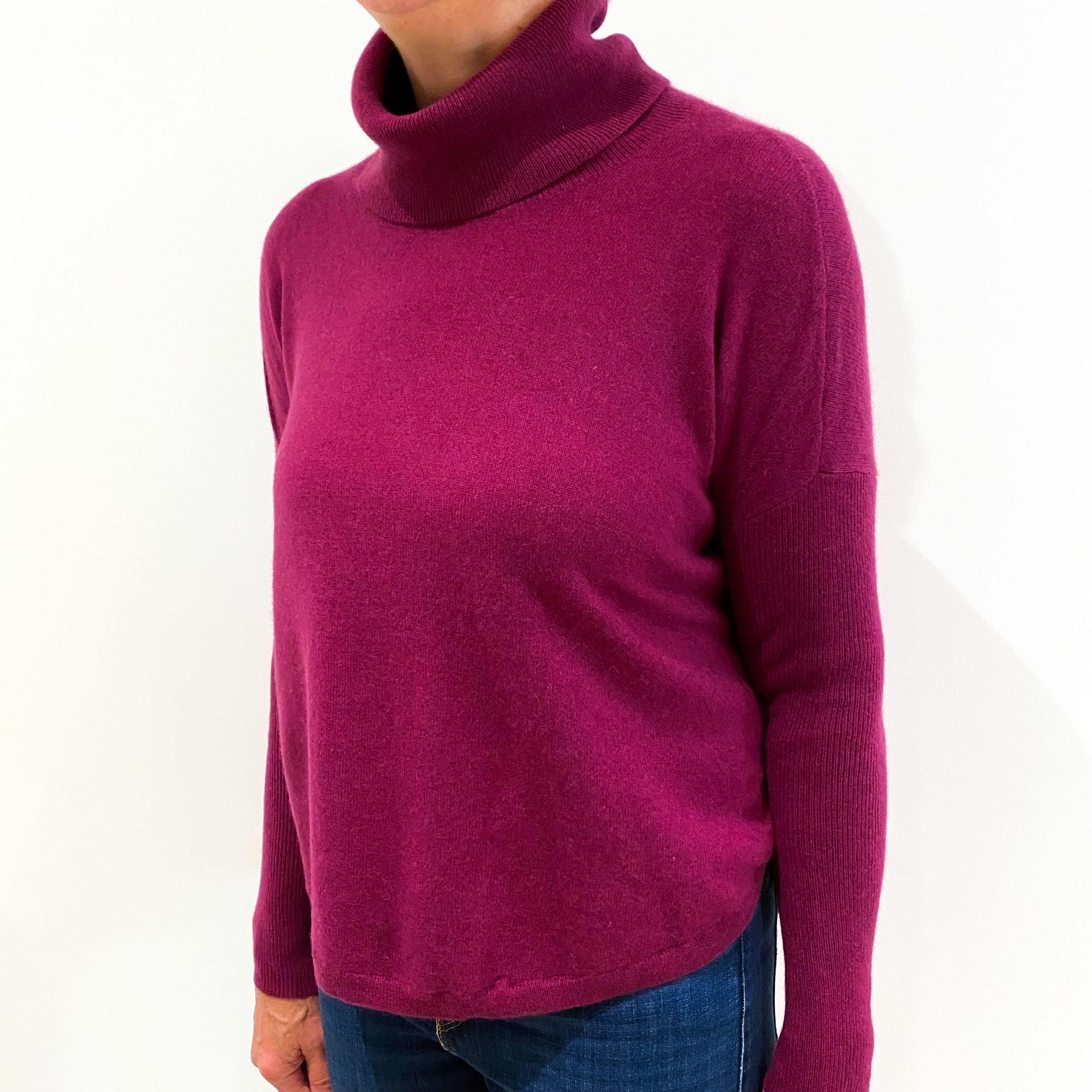 Plum Purple Slouchy Cashmere Polo Neck Jumper Medium