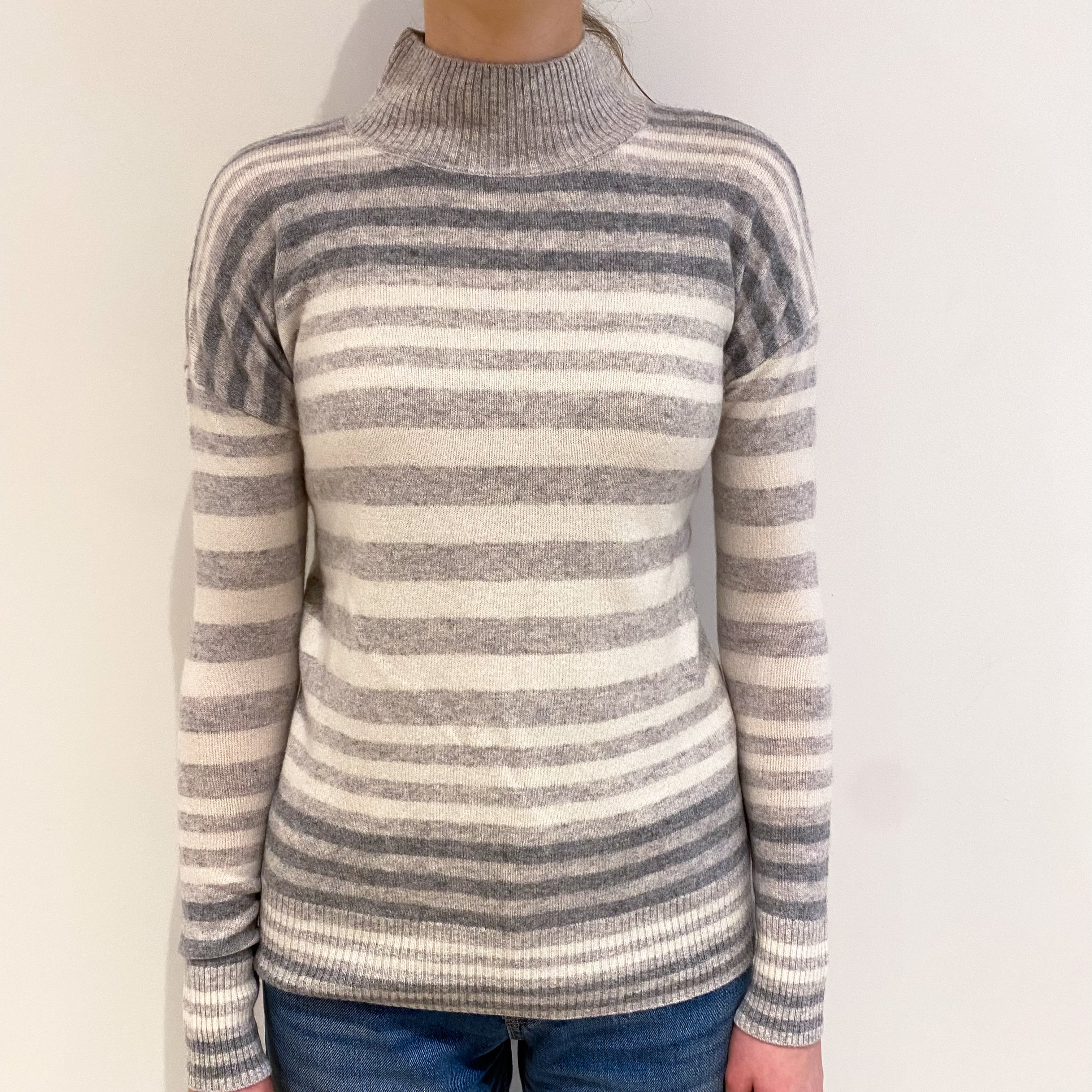 Smoke Grey Stripe Cashmere Turtle Neck Jumper Extra Small