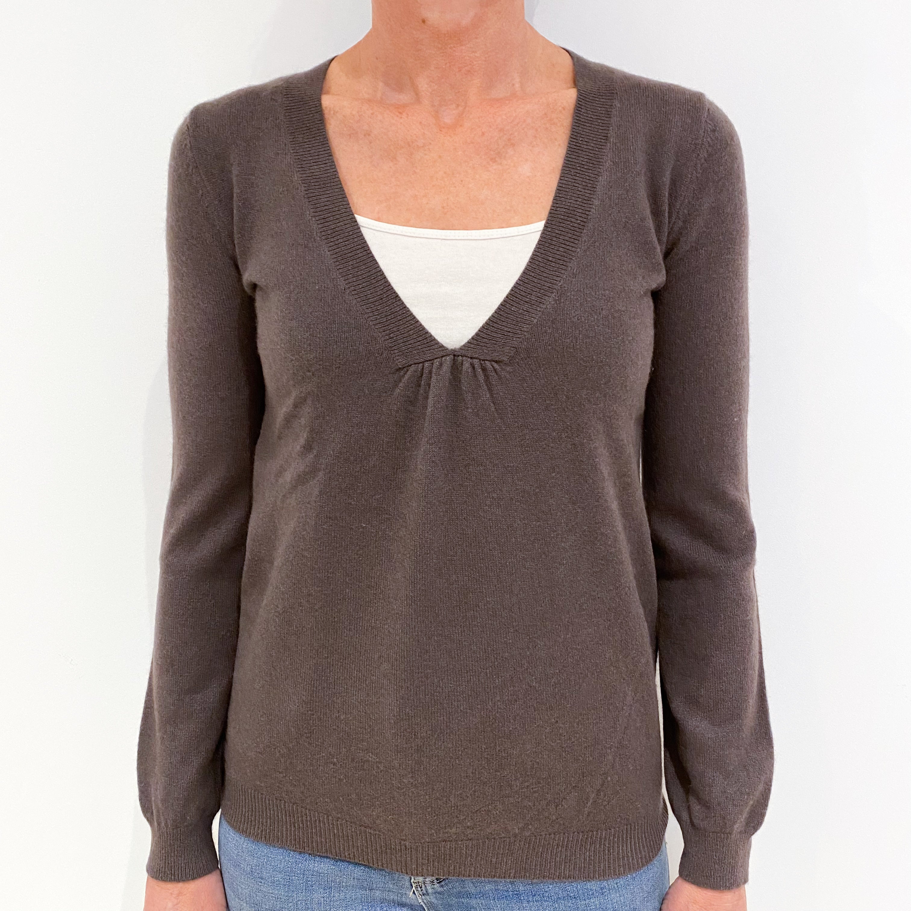 Mole Brown Cashmere Deep V-Neck Jumper Small