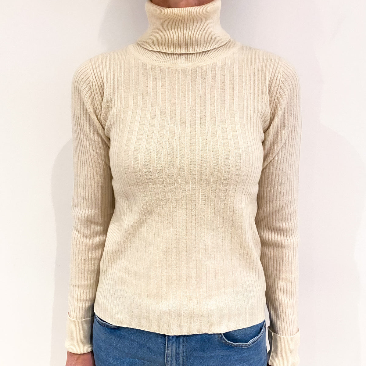 Clotted Cream Rib Cashmere Polo Neck Jumper Small
