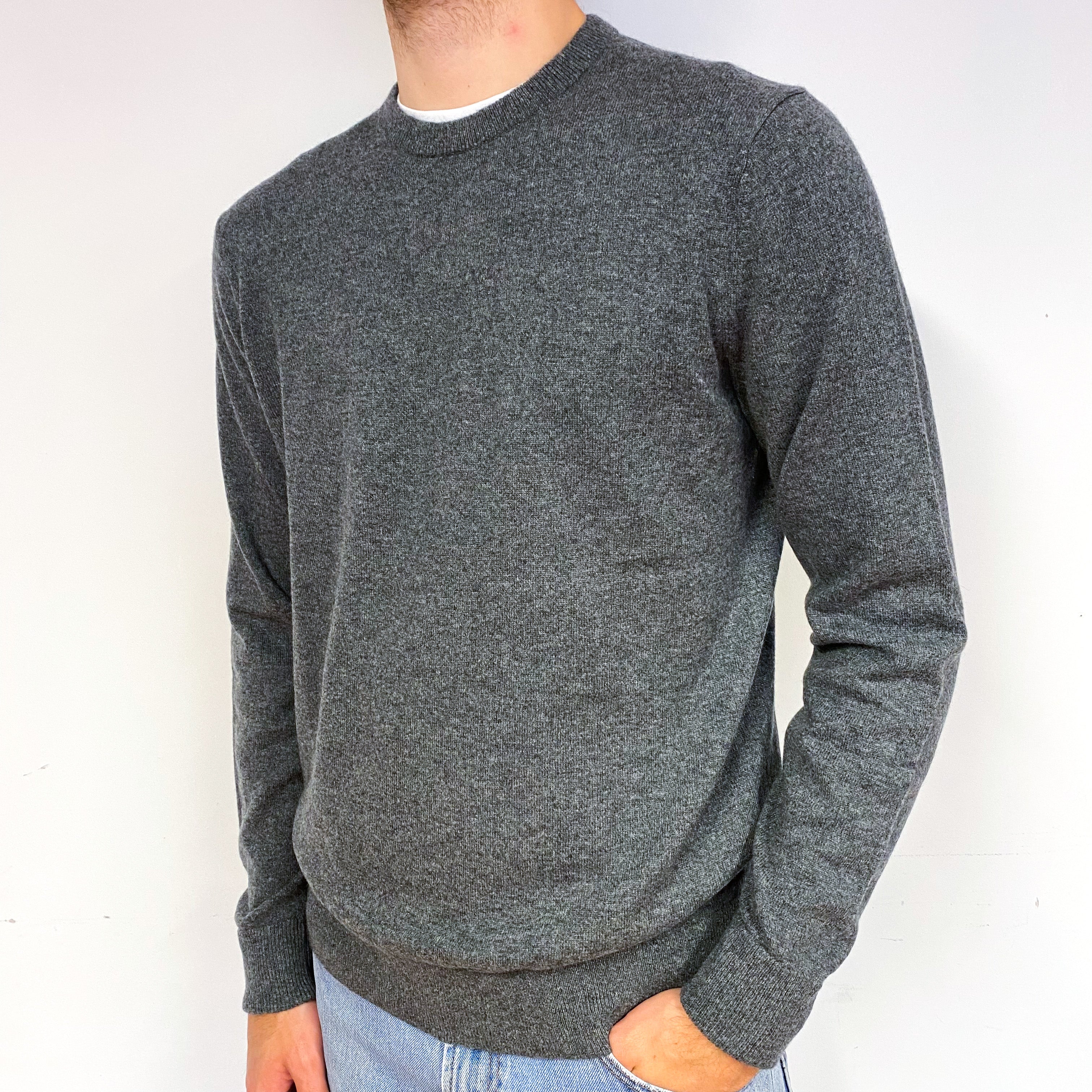 Men's Slate Grey Cashmere Crew Neck Jumper Large