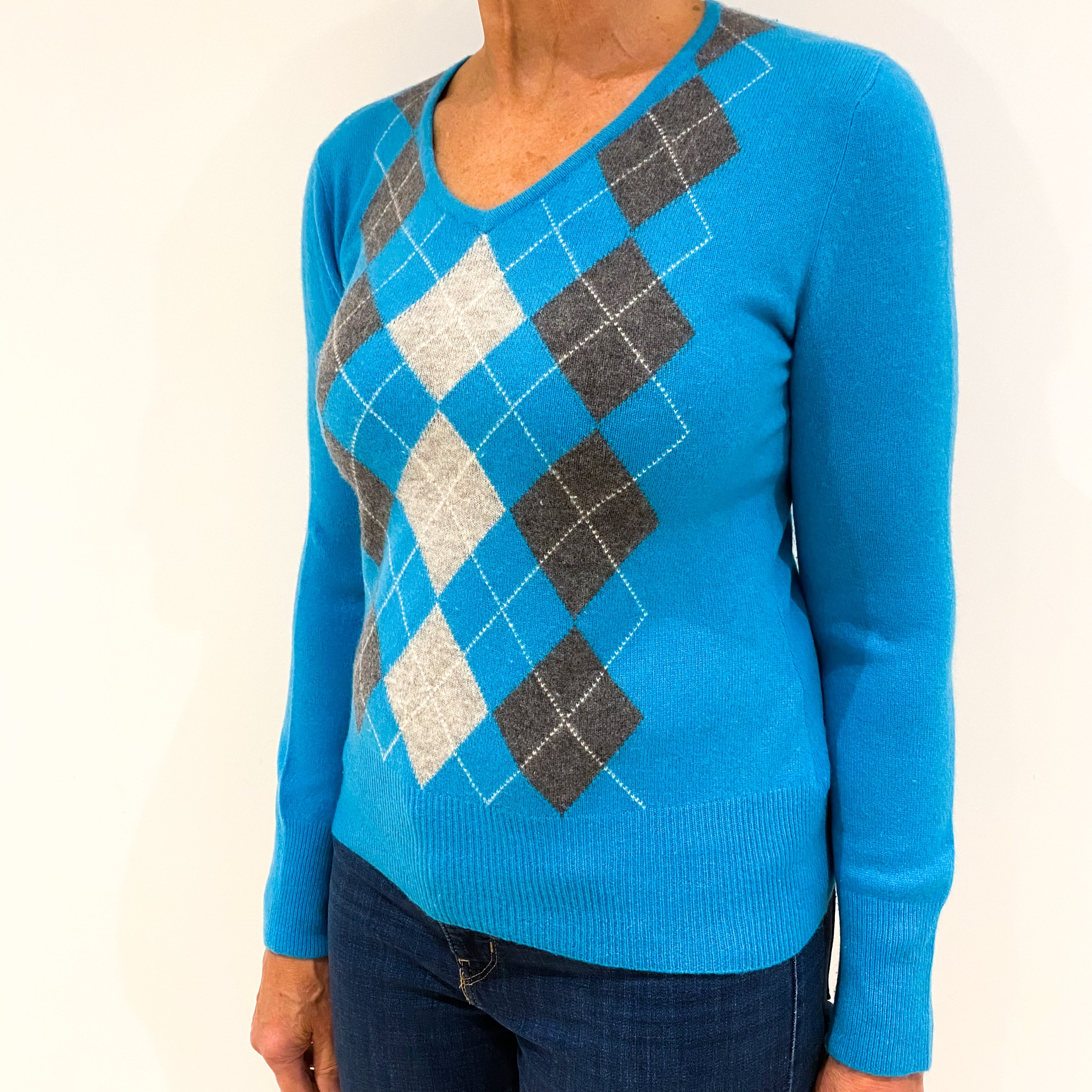 Aqua Blue Grey Argyle Front Cashmere V-Neck Jumper Medium