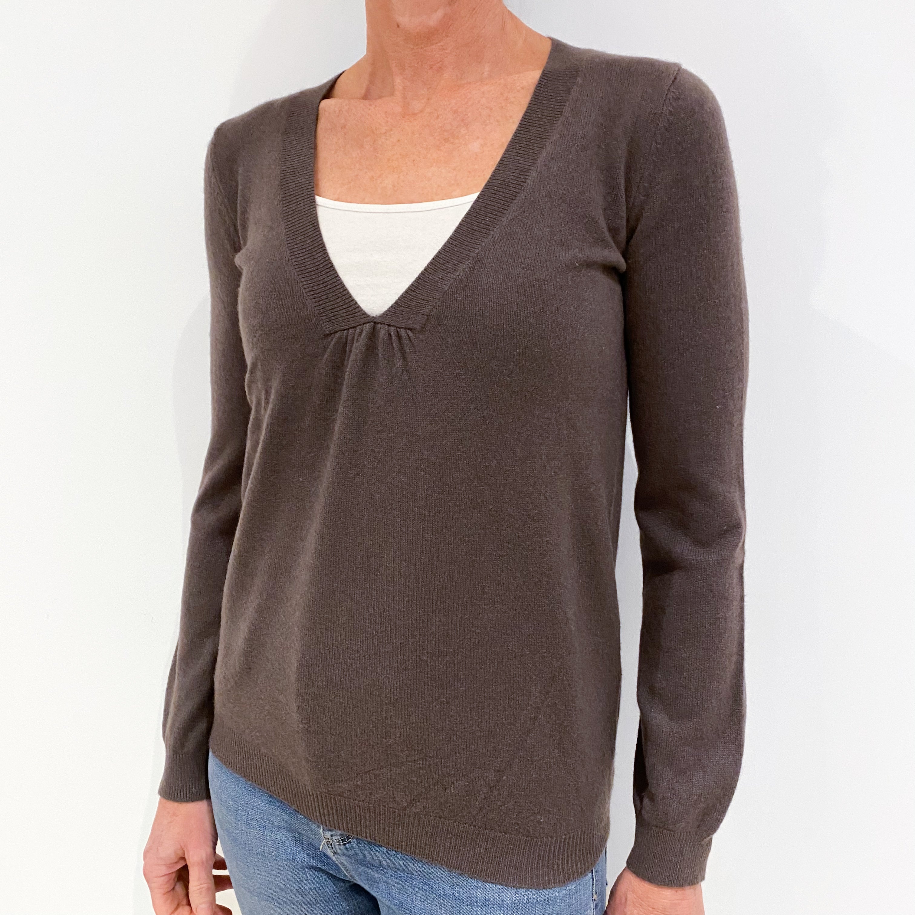 Mole Brown Cashmere Deep V-Neck Jumper Small