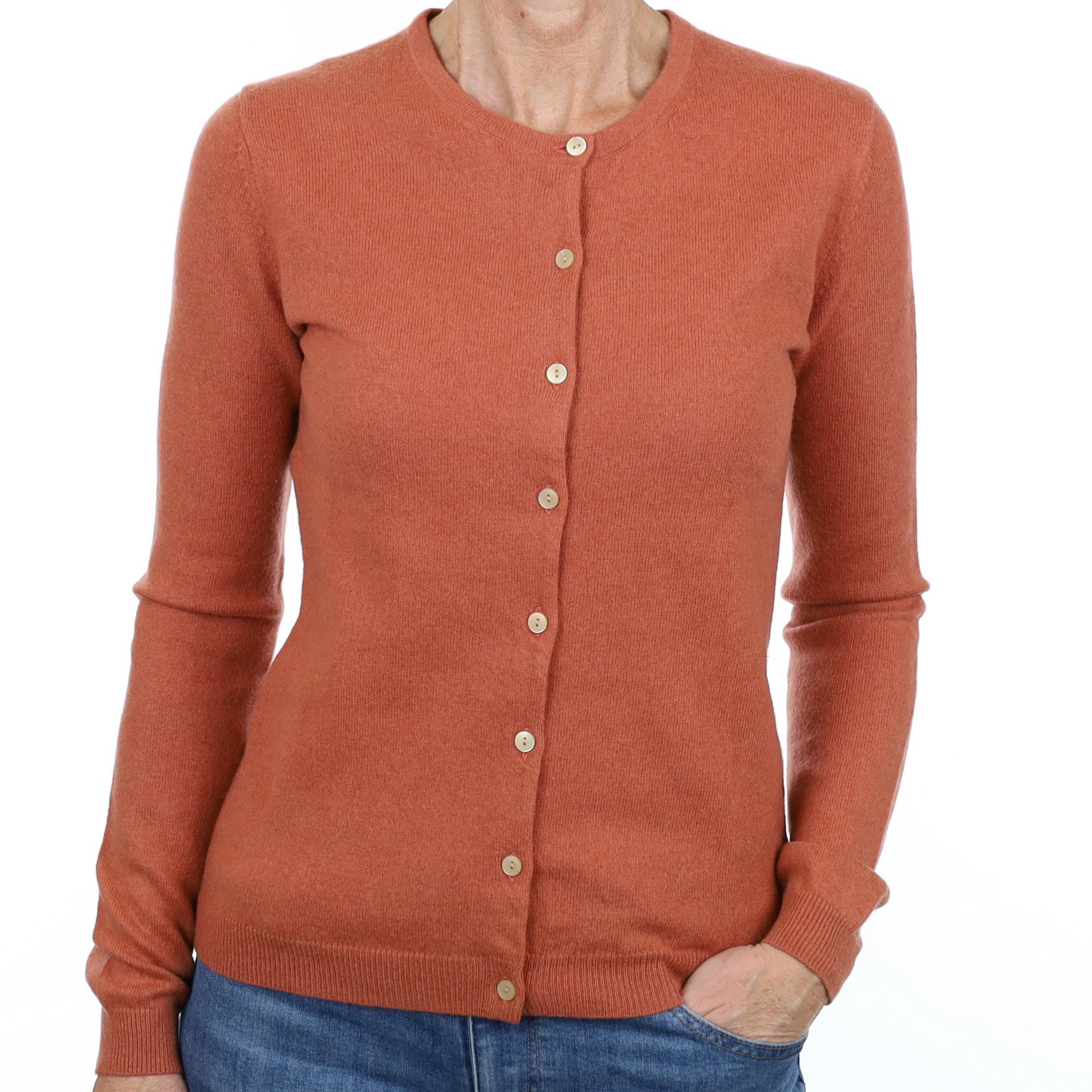 Terracotta Orange Cashmere Crew Neck Cardigan Small