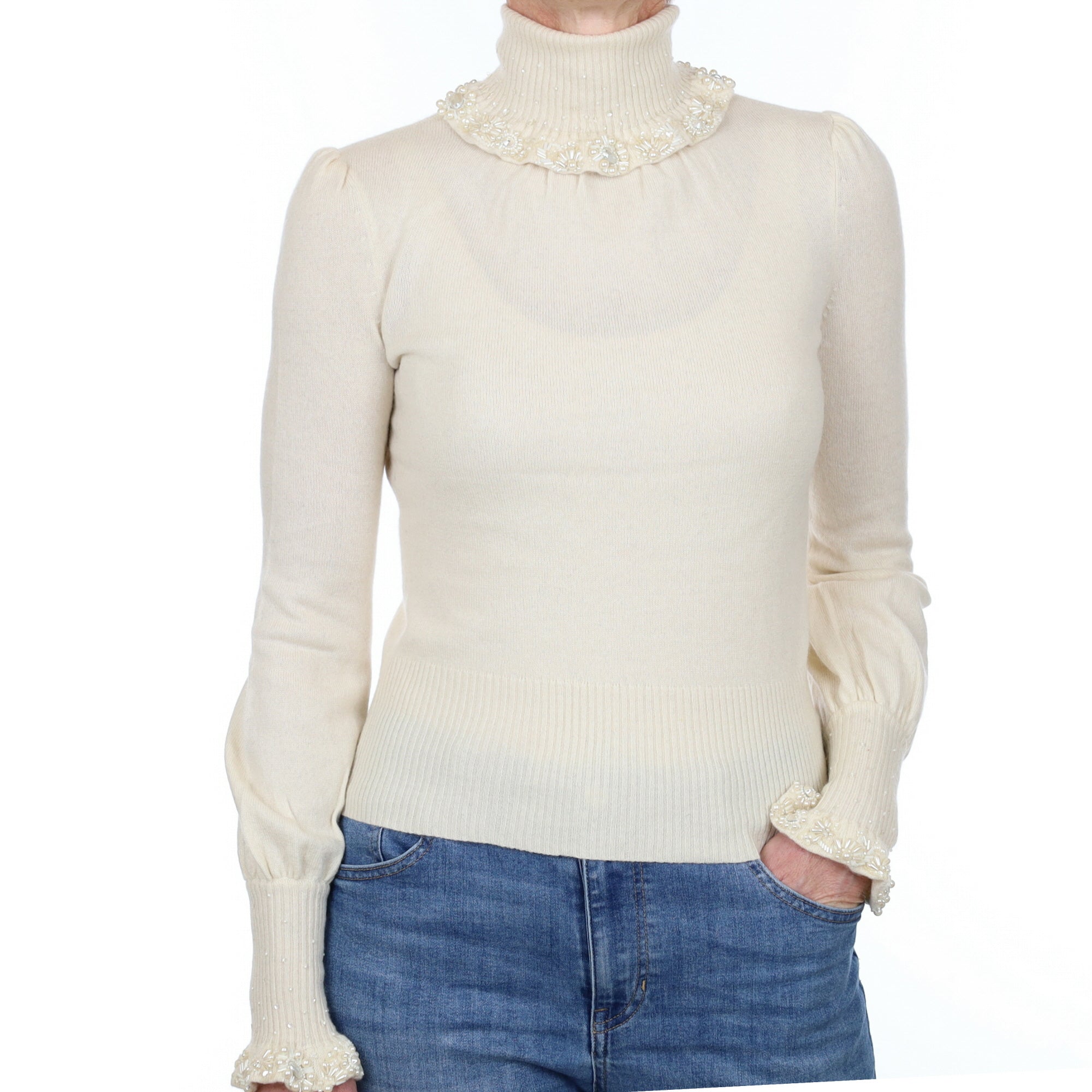 Cream Pearl Embellished Cashmere Polo Neck Jumper Small