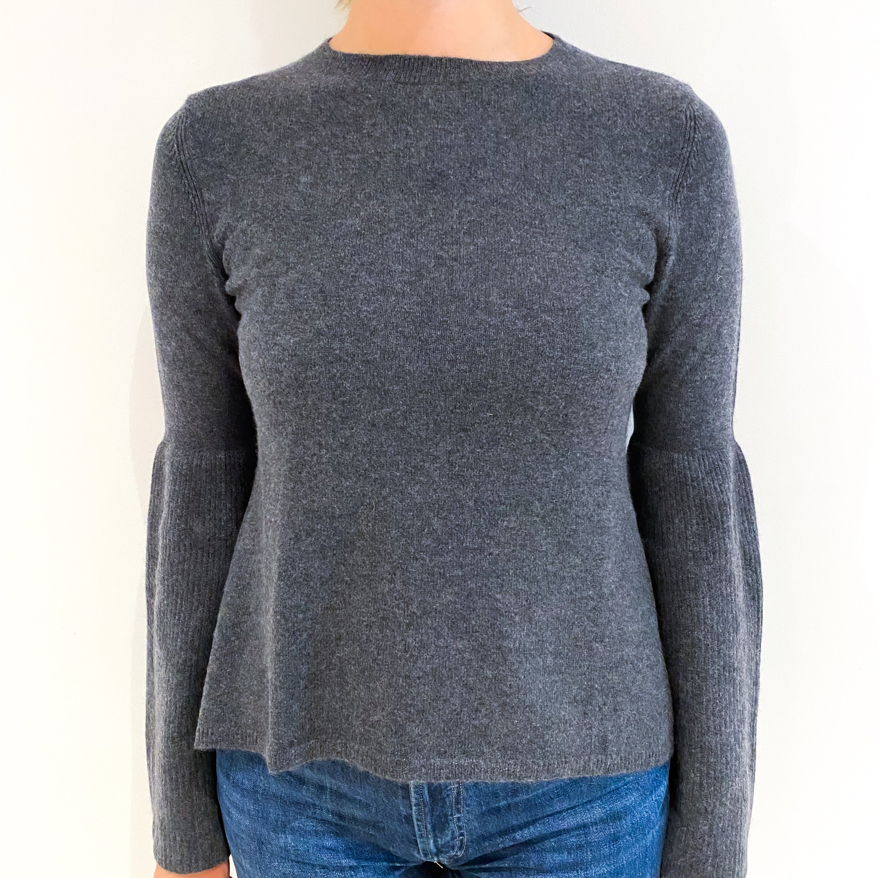 Slate Grey Funnel Sleeve Cashmere Crew Neck Jumper Small