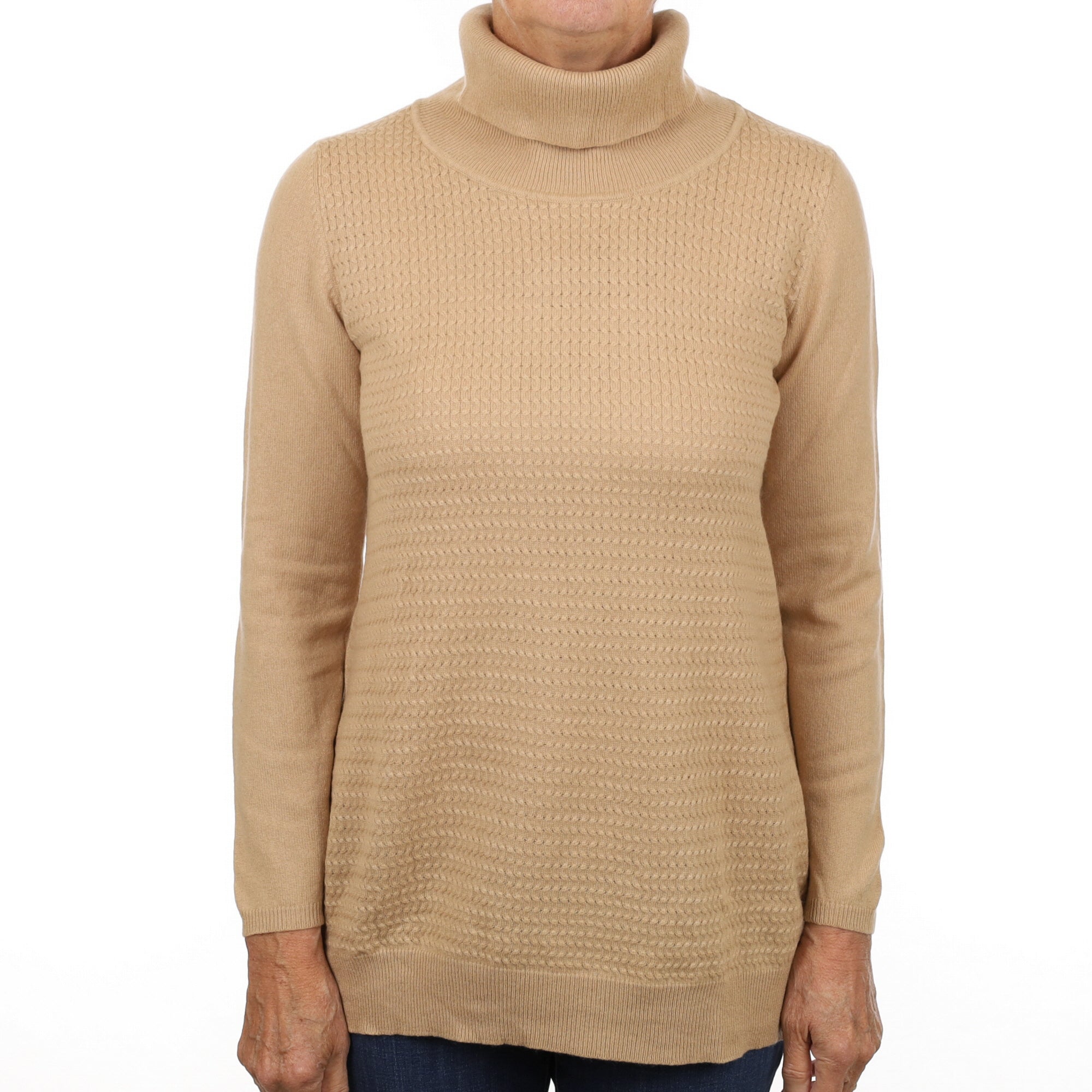 Camel Brown Cashmere Textured Front Polo Neck Jumper Medium