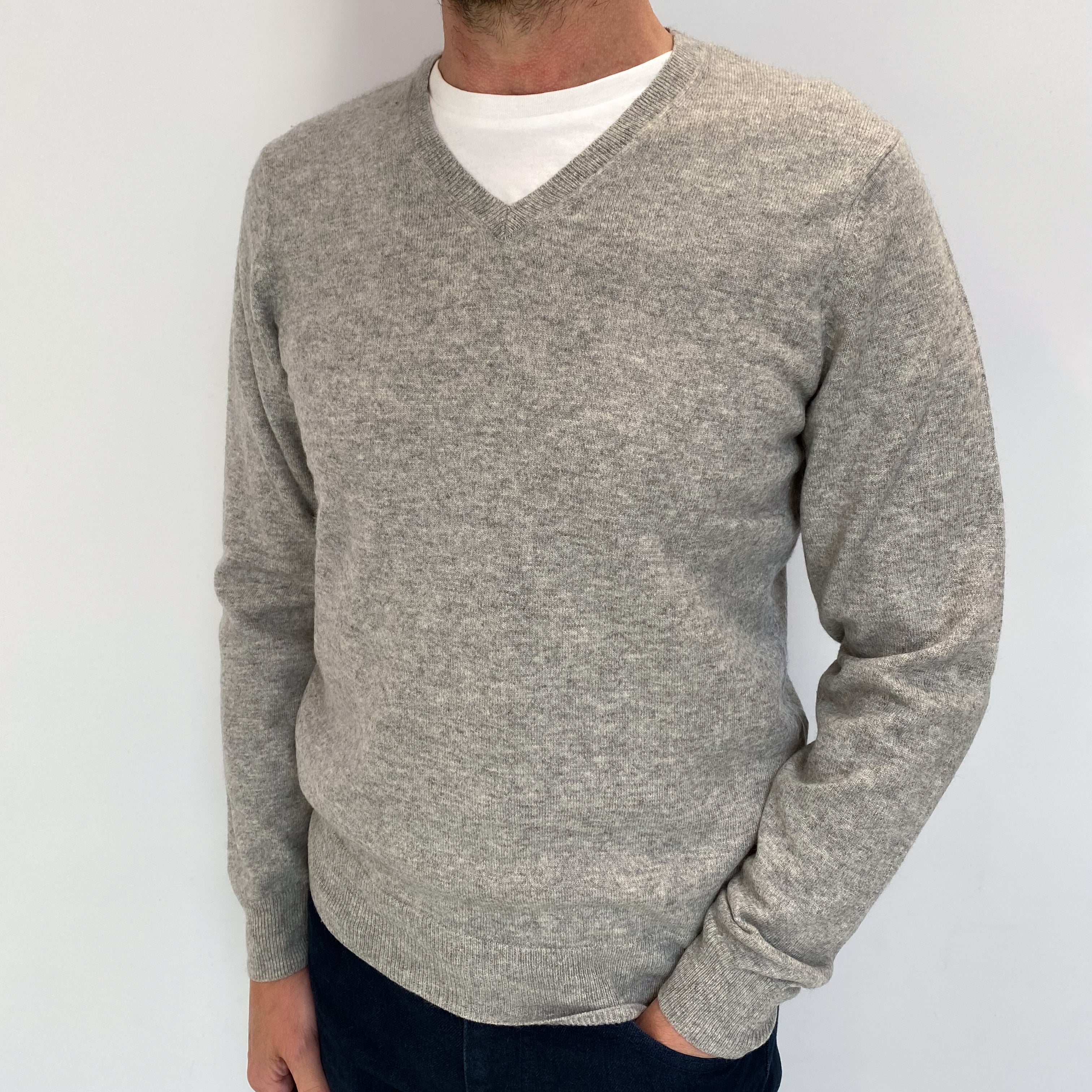 Men's Smoke Grey Cashmere V Neck Jumper Small