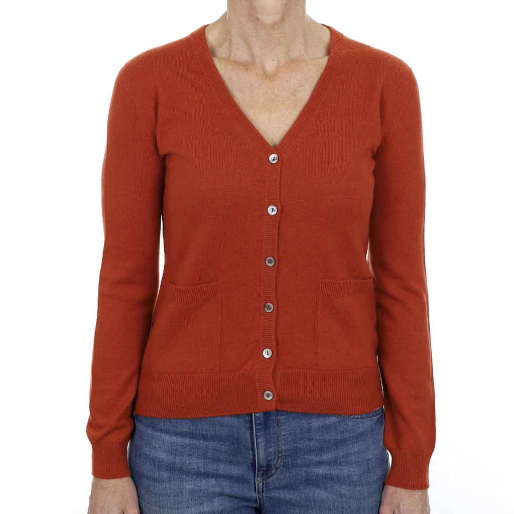Rust Orange Cashmere V Neck Cardigan Small