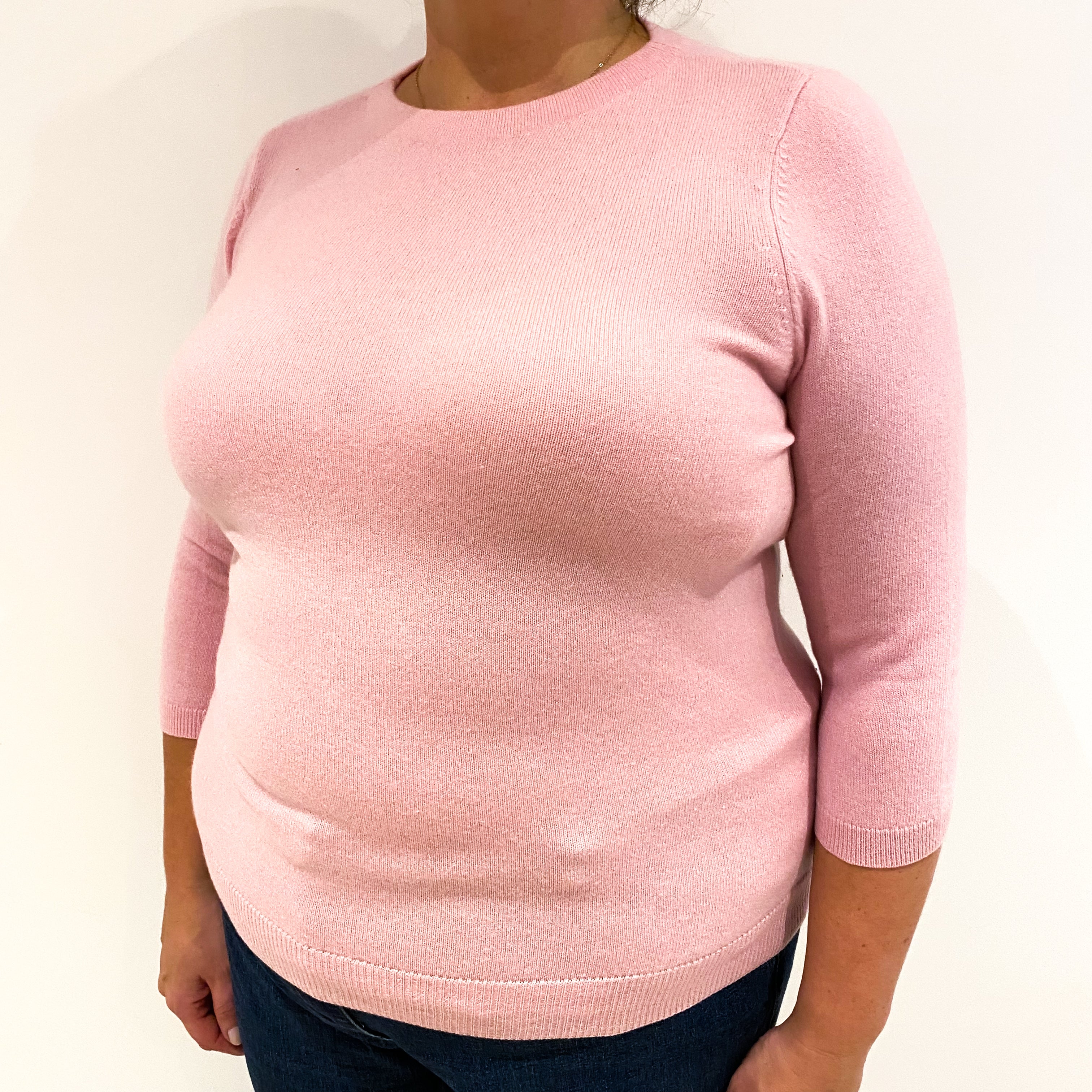 Shell Pink 3/4 Sleeved Cashmere Crew Neck Jumper Extra Large